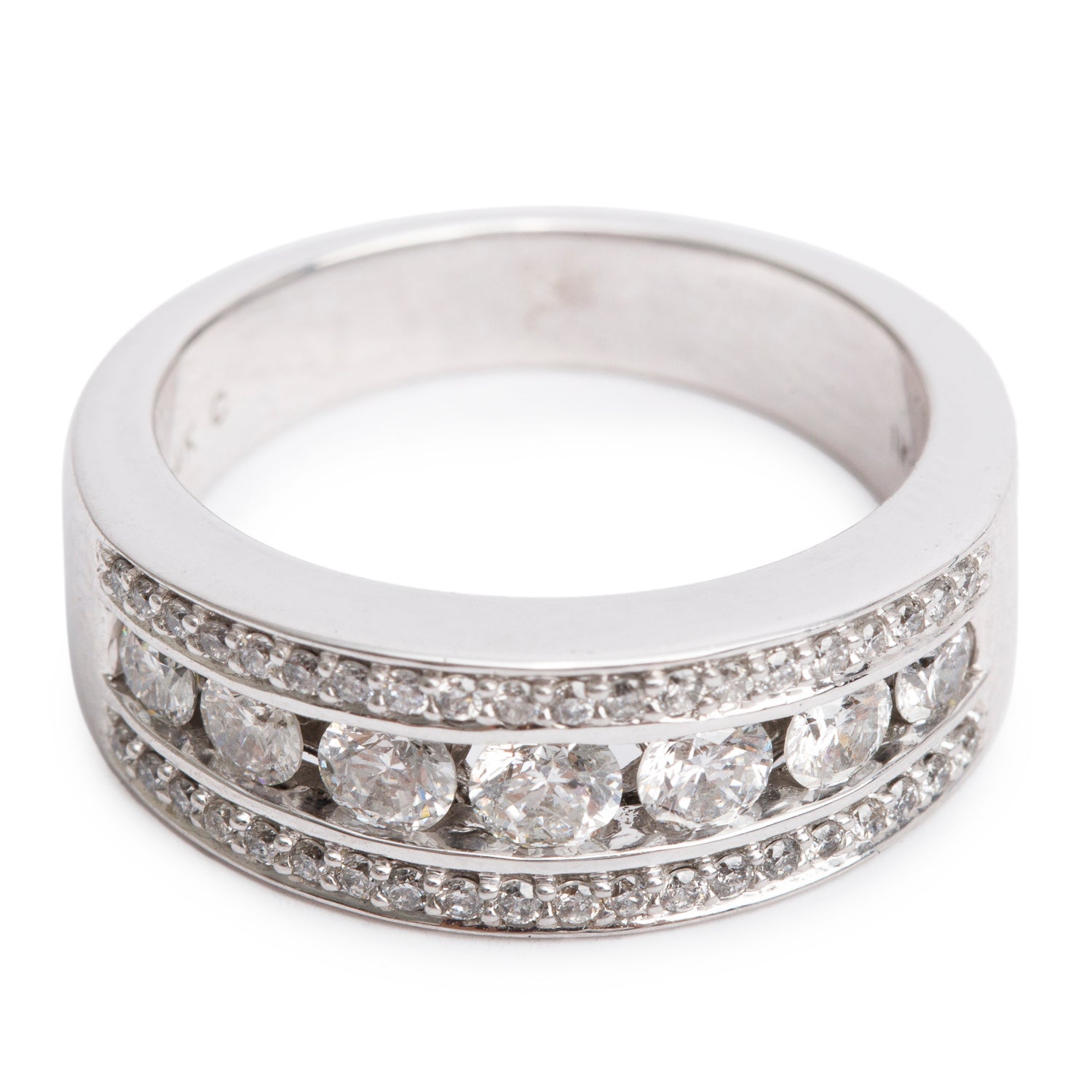 14k White Gold Three-Row Diamond Band Ring, Size 7