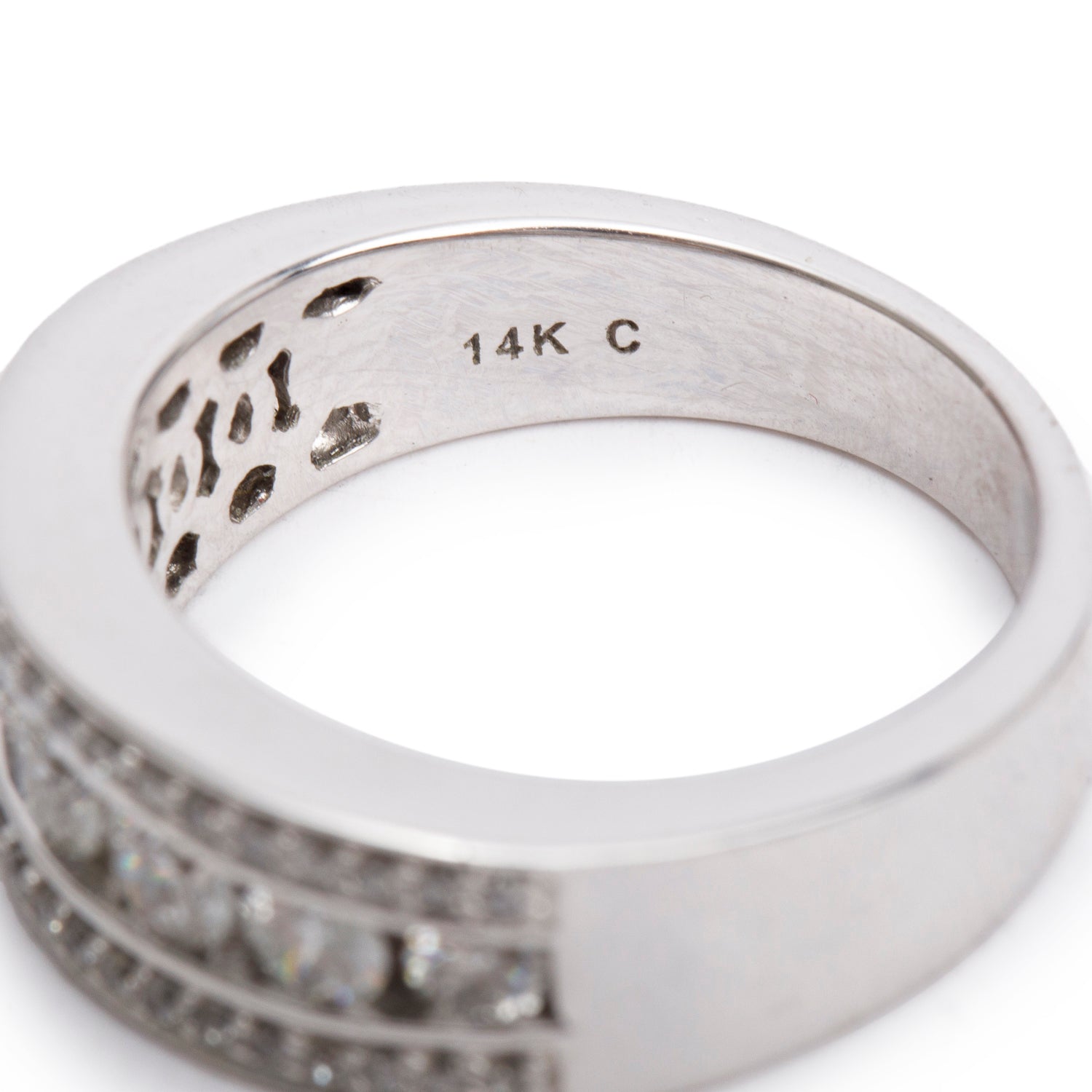 14k White Gold Three-Row Diamond Band Ring, Size 7