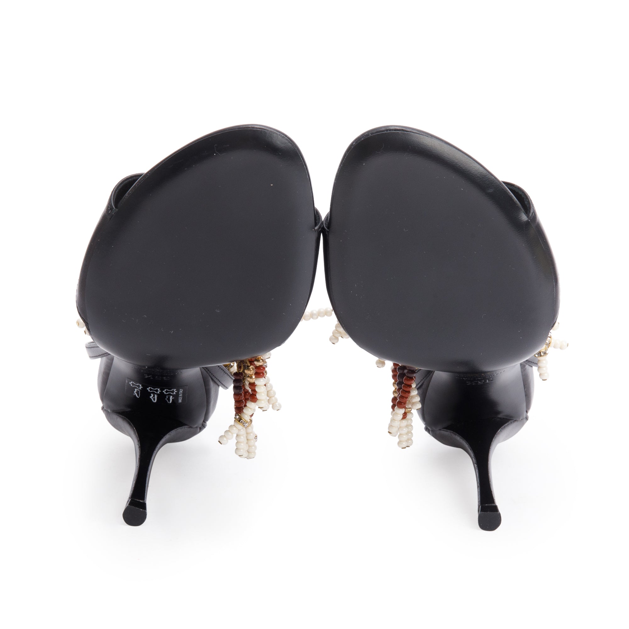 Roger VIvier Black Leather Fringed Beaded Heeled Sandals, Size 35.5