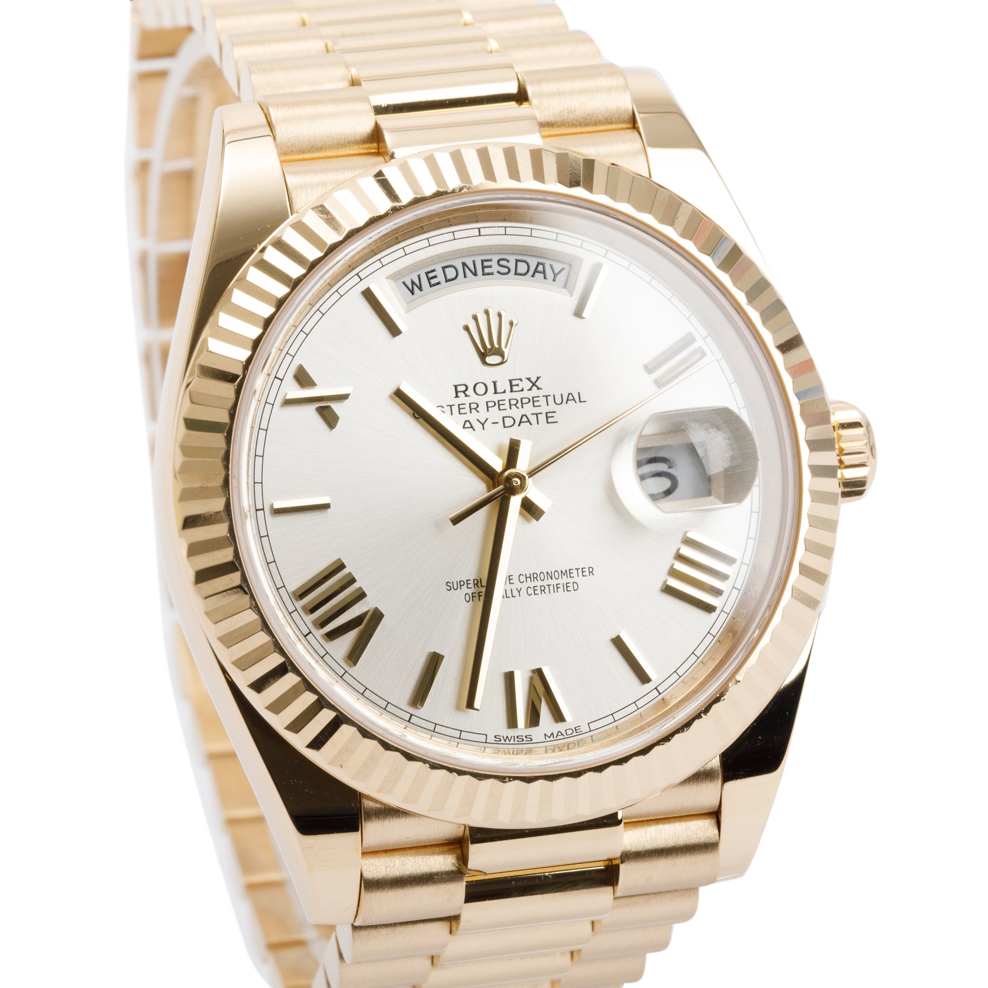 Rolex 18k Yellow Gold Day Date 40 MM President Silver Dial Watch w/ Box & Papers