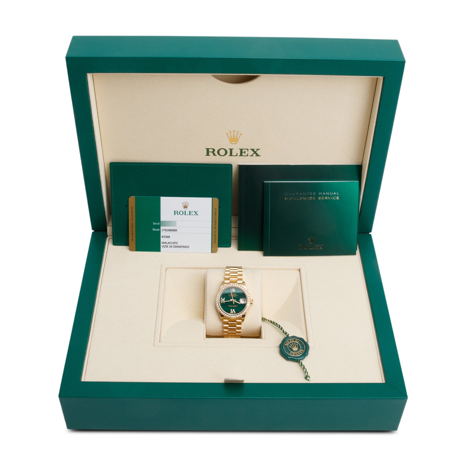 Rolex 18k Yellow Gold Diamond Bezel Datejust 31 MM Watch Malachite Diamond Dial 278288RBR w/ Box & Papers