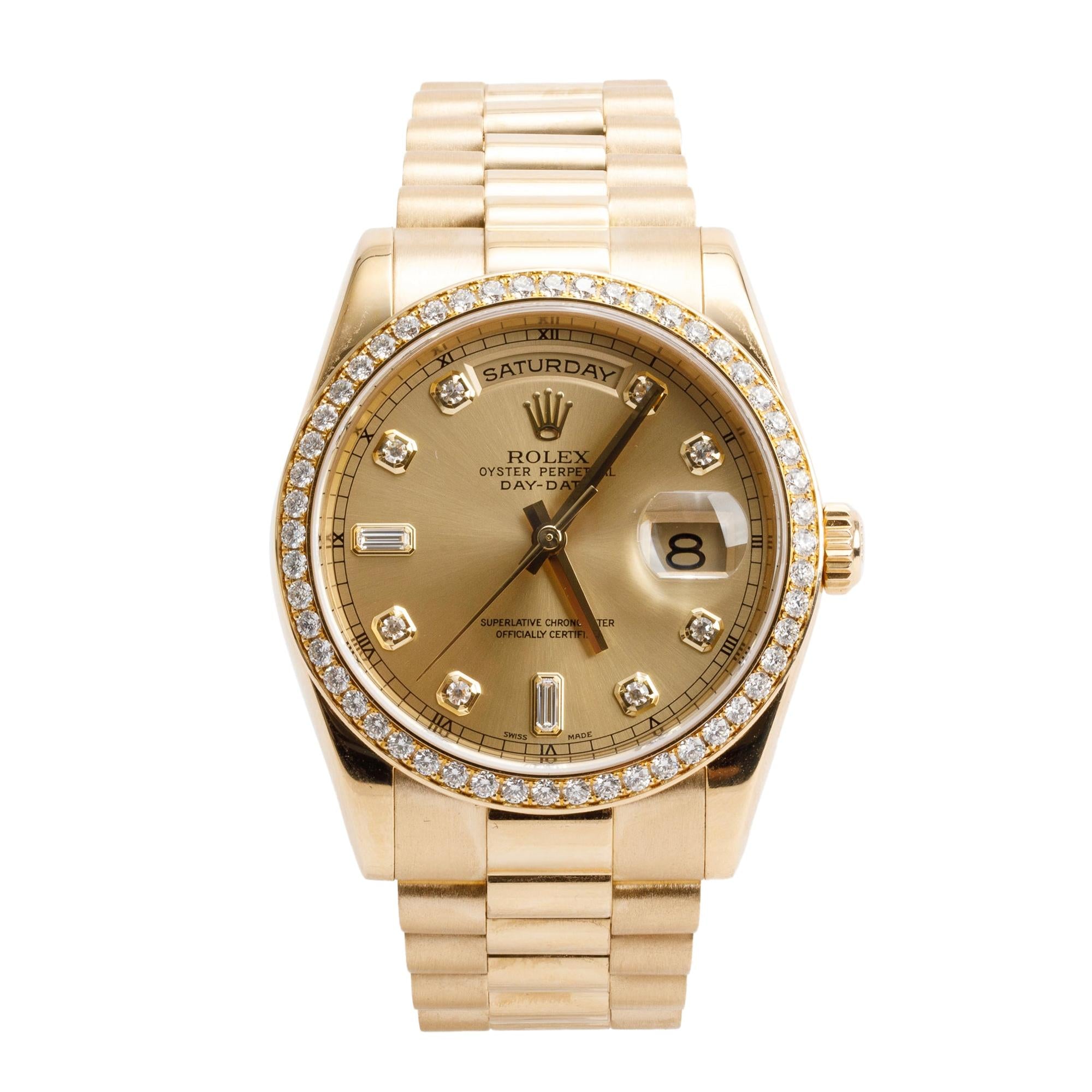 Rolex 18k Yellow Gold Diamond Bezel & Dial Day Date 36 MM President Watch 118348 w/ Box & Papers