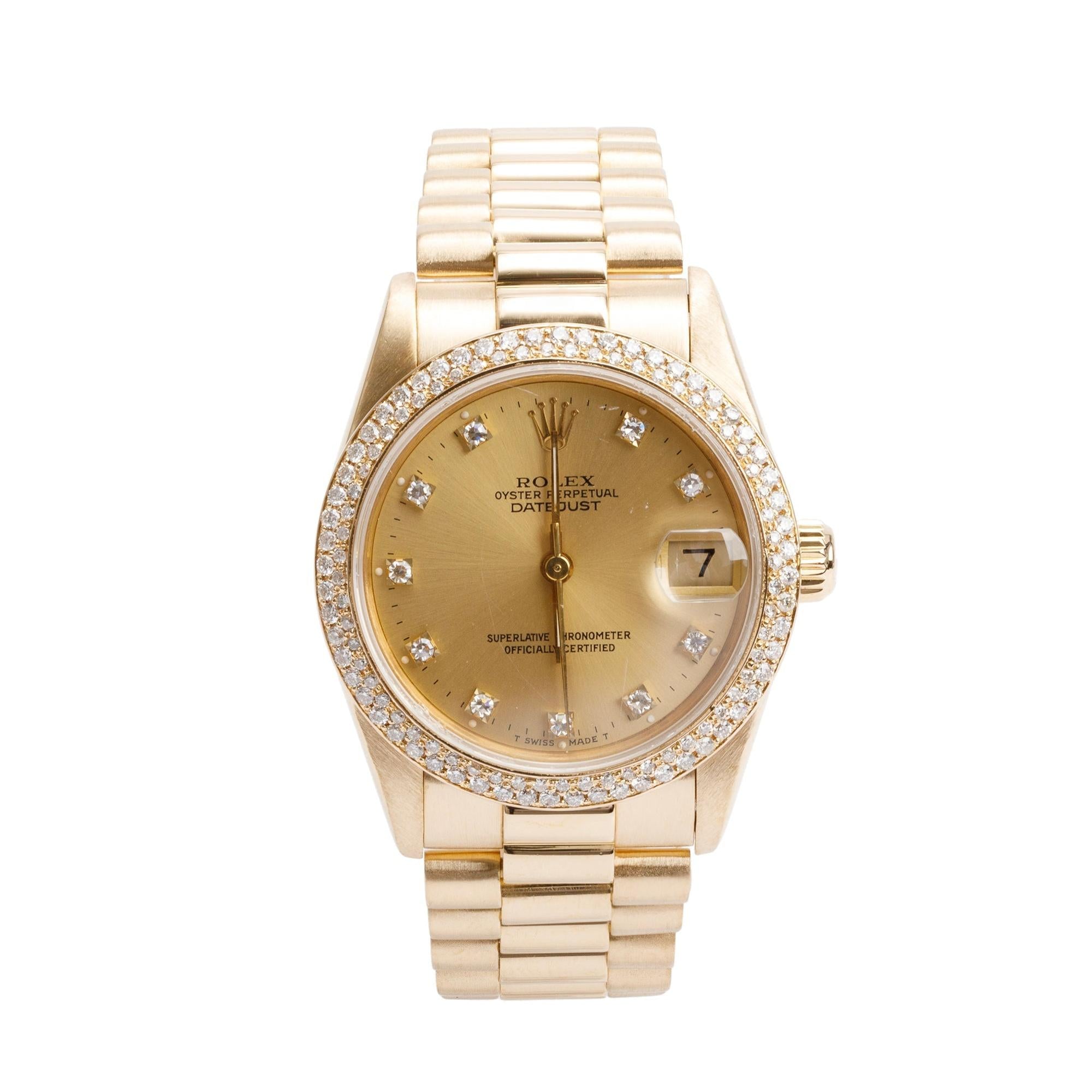 Rolex 18k Yellow Gold Diamond Bezel & Diamond Dial Datejust 31 MM Watch 68278