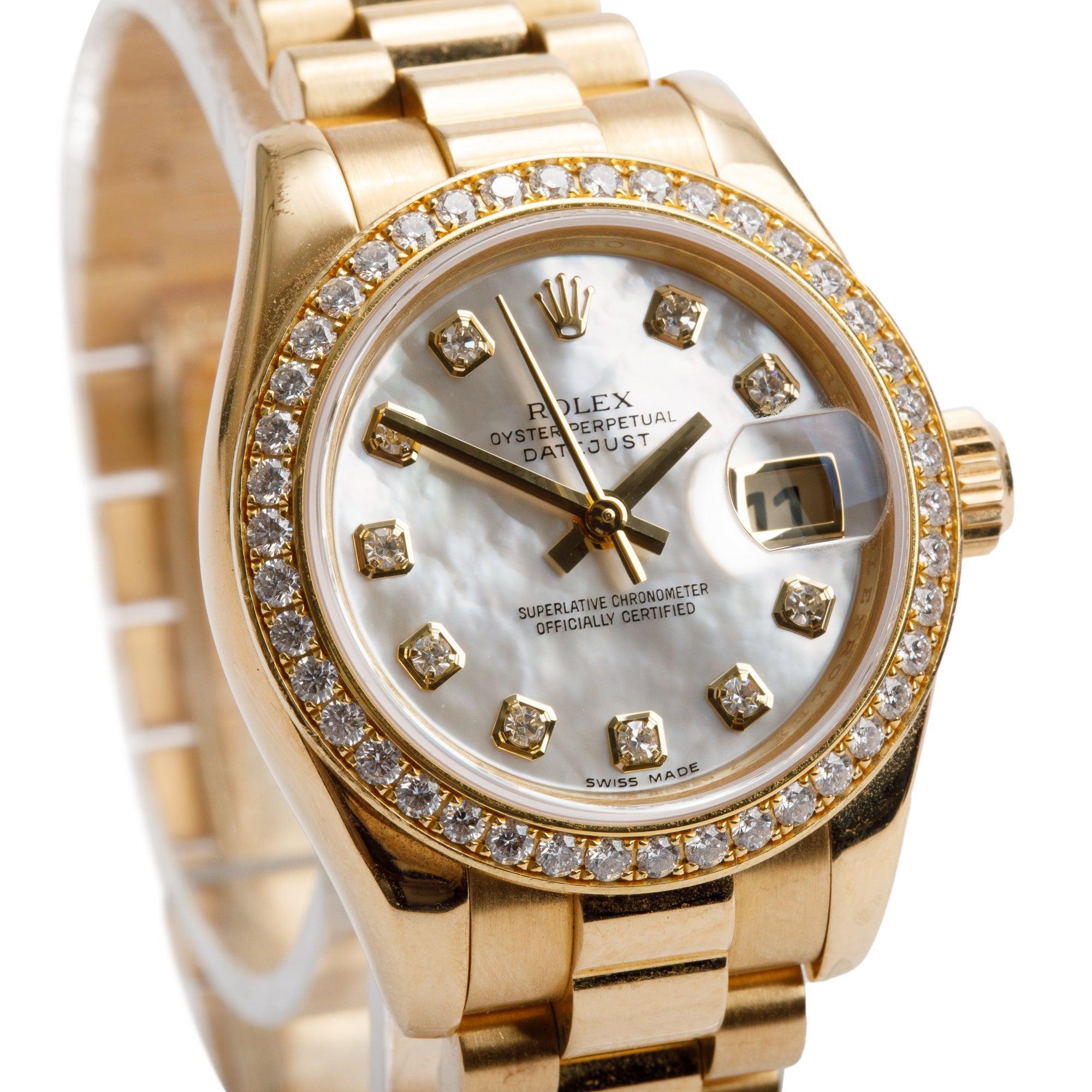 Rolex 18k Yellow Gold Diamond Bezel & Mother of Pearl Diamond Dial Lady-Datejust 26 MM Watch 179138 w/ Box & Papers