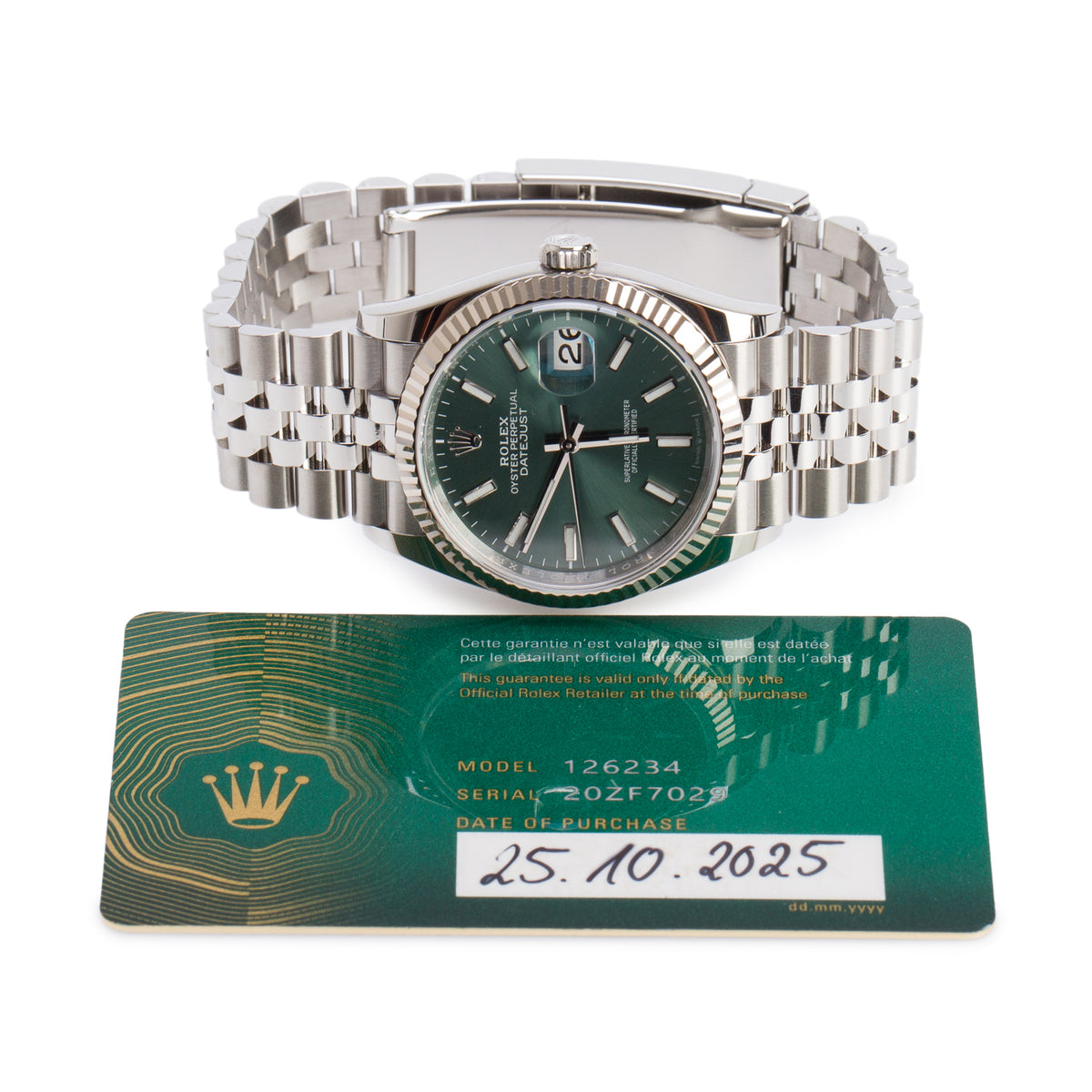 Rolex 2025 Stainless Steel Datejust 36 MM Automatic Watch Mint Green Dial 126234 w/ Papers