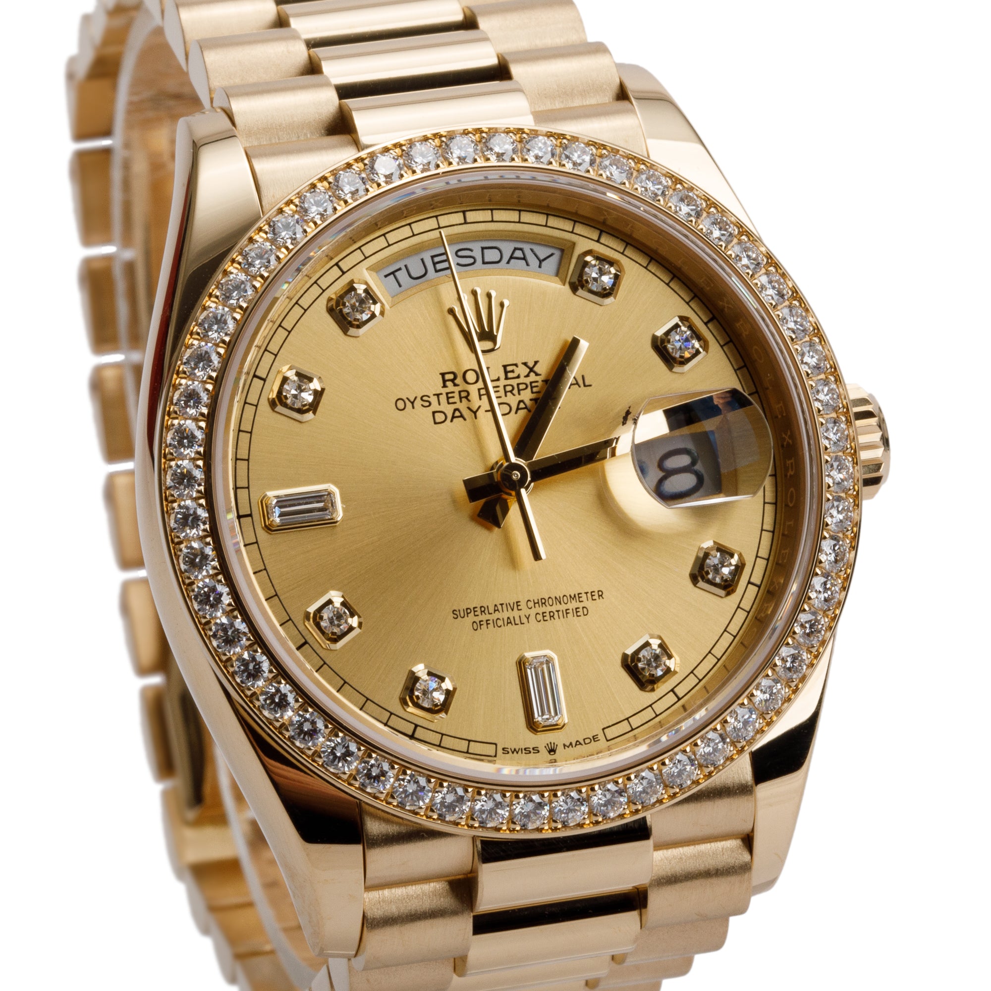 Rolex 2023 18k Yellow Gold Diamond Bezel & Dial Day Date 36 MM President Watch 128348RBR w/ Box & Papers