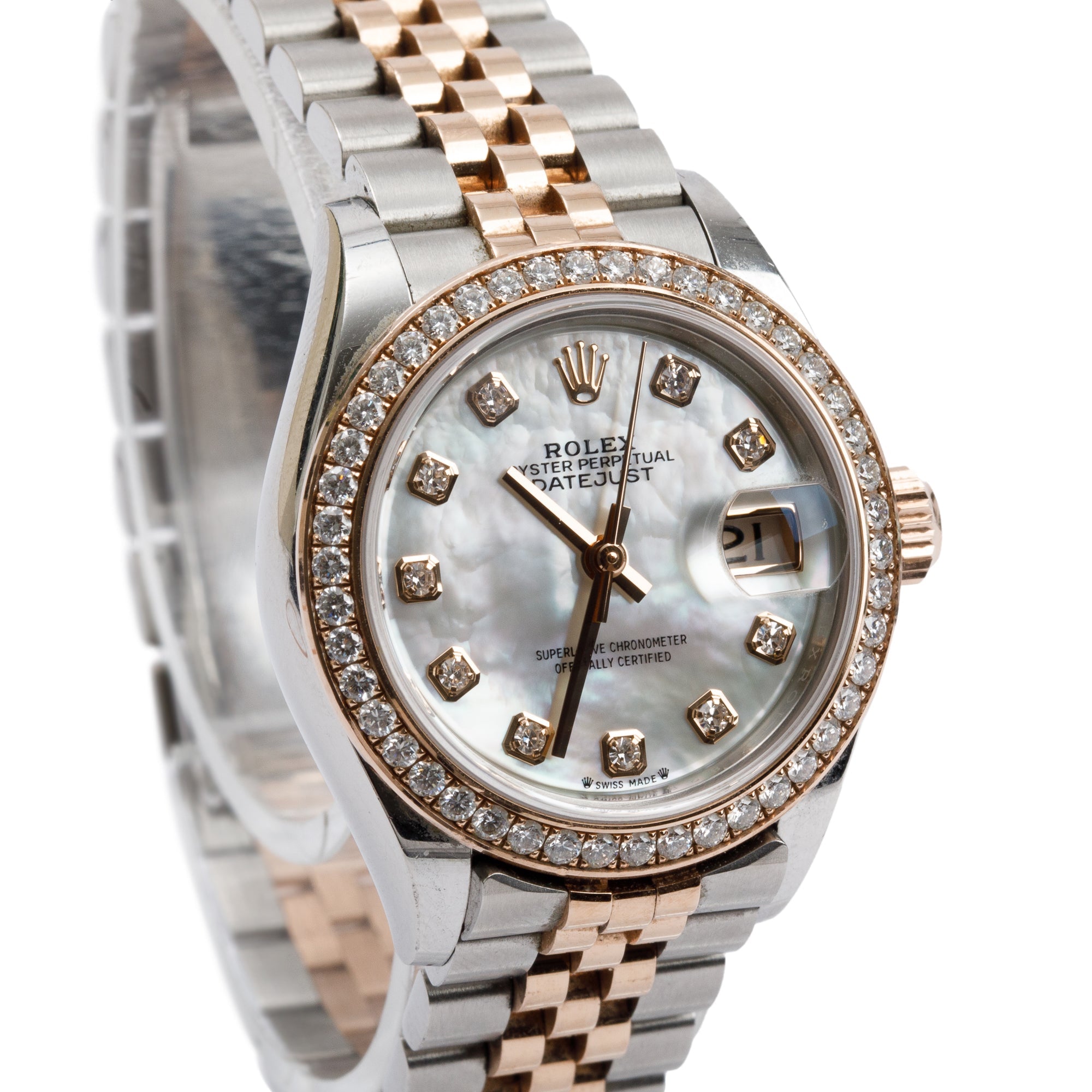 Rolex Stainless Steel & 18k Everose Gold Datejust Diamond Bezel Mother of Pearl Diamond Dial 28 MM Watch 278381