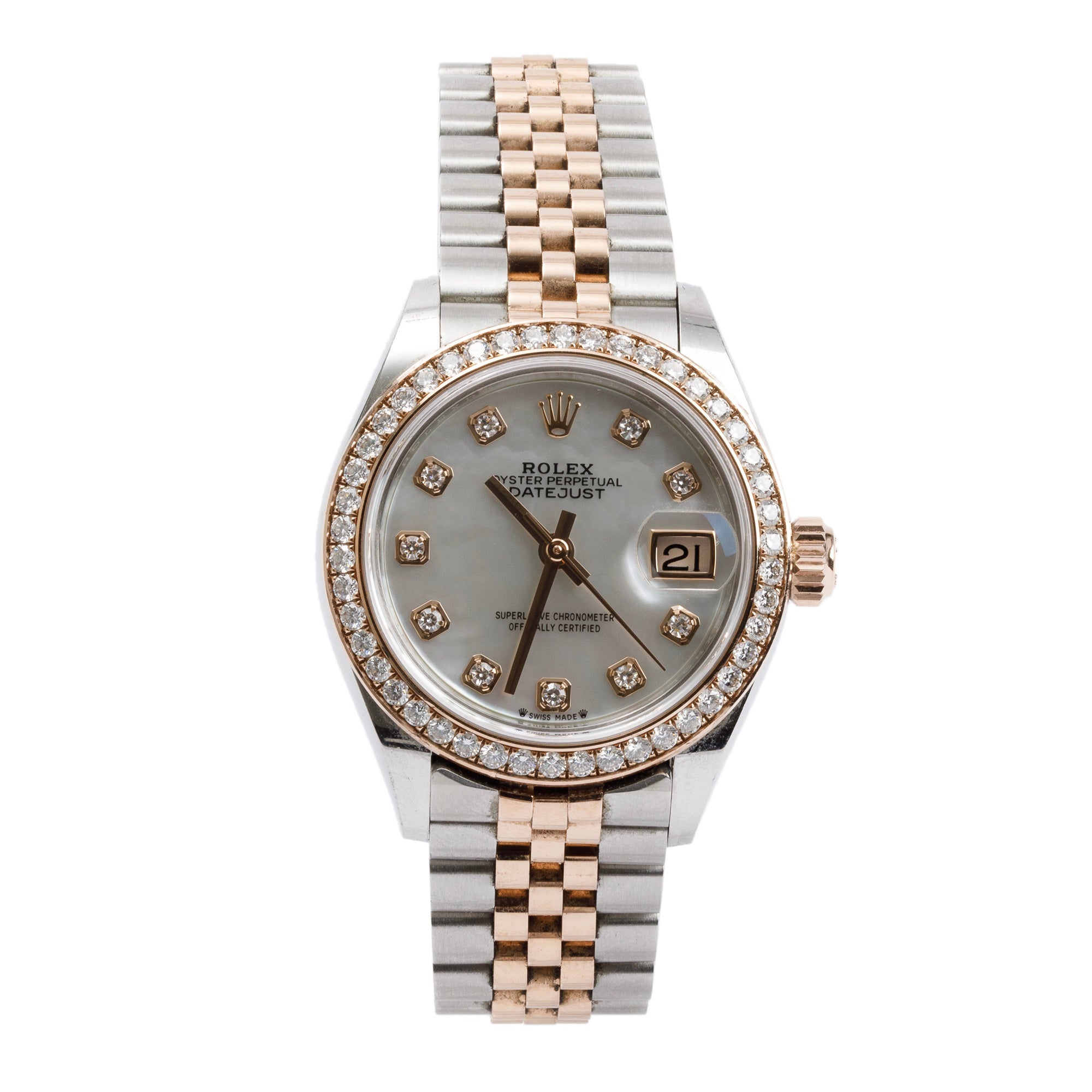 Rolex Stainless Steel & 18k Everose Gold Datejust Diamond Bezel Mother of Pearl Diamond Dial 28 MM Watch 278381
