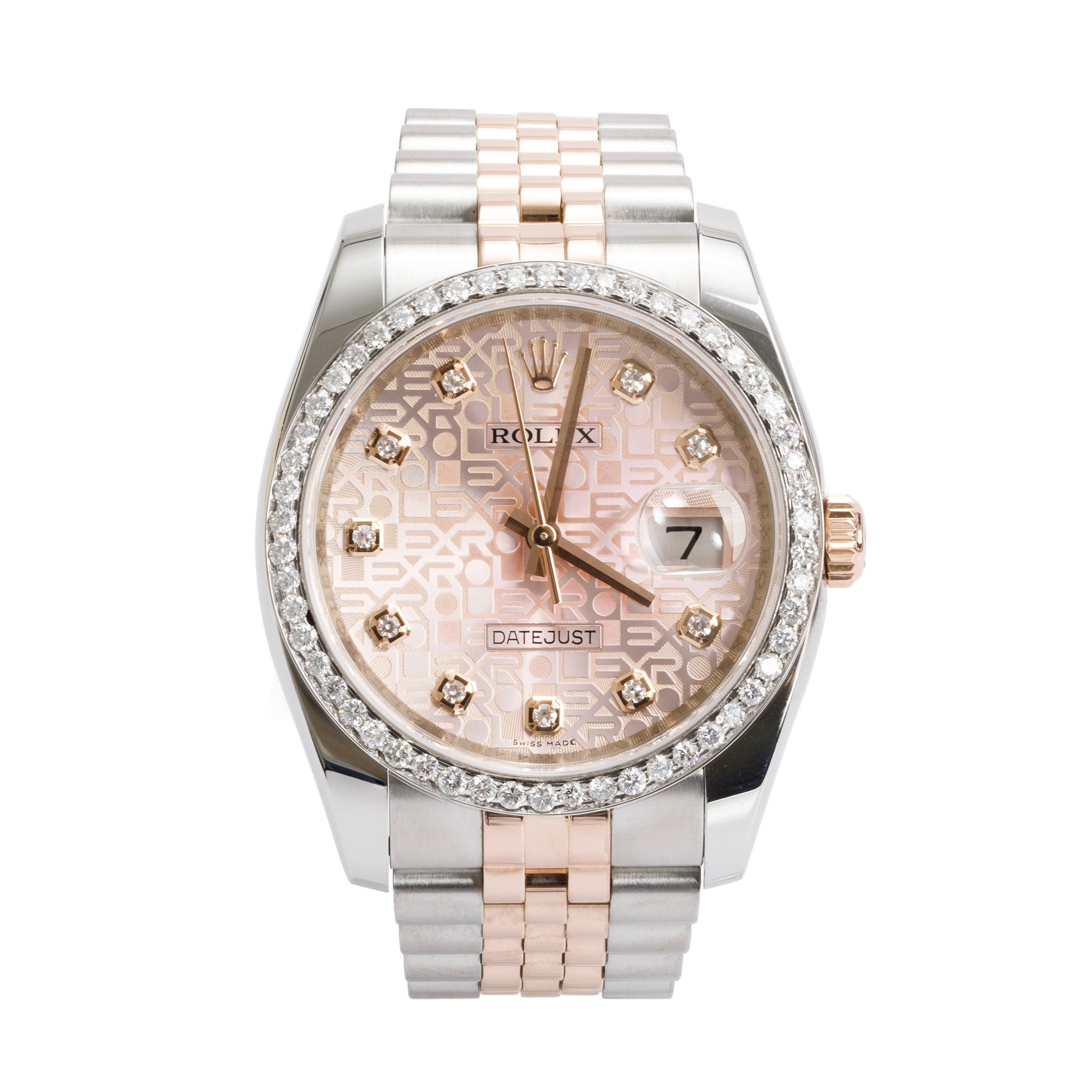 Rolex Stainless Steel & 18k Rose Gold Aftermarket Diamond Bezel & Diamond Dial Datejust 36 MM Watch 116231