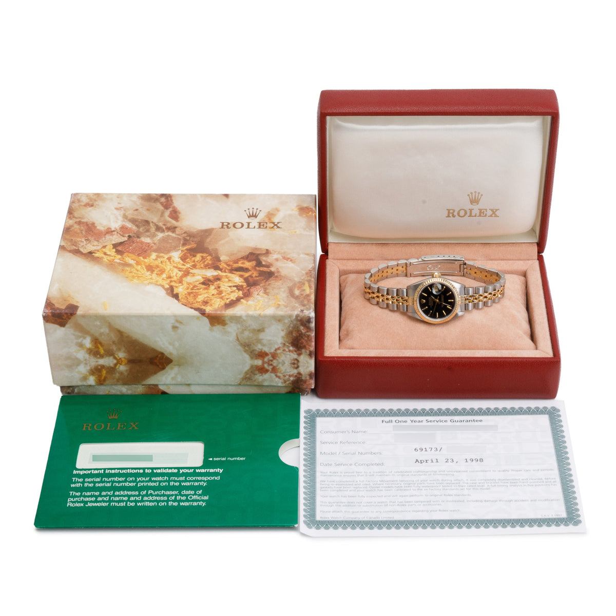 Rolex Stainless Steel & 18k Yellow Gold Date 26 MM Watch Black Dial 69173 w/ Box & Papers