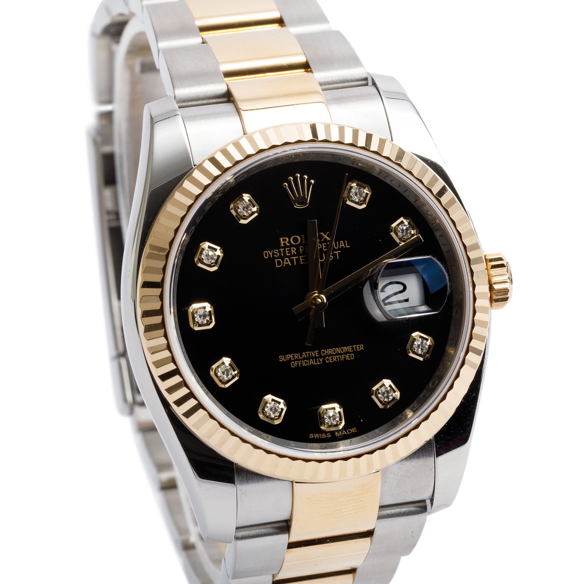 Rolex Stainless Steel & 18k Yellow Gold Datejust 36 MM Watch Black Diamond Dial 116233 w/ Box & Papers