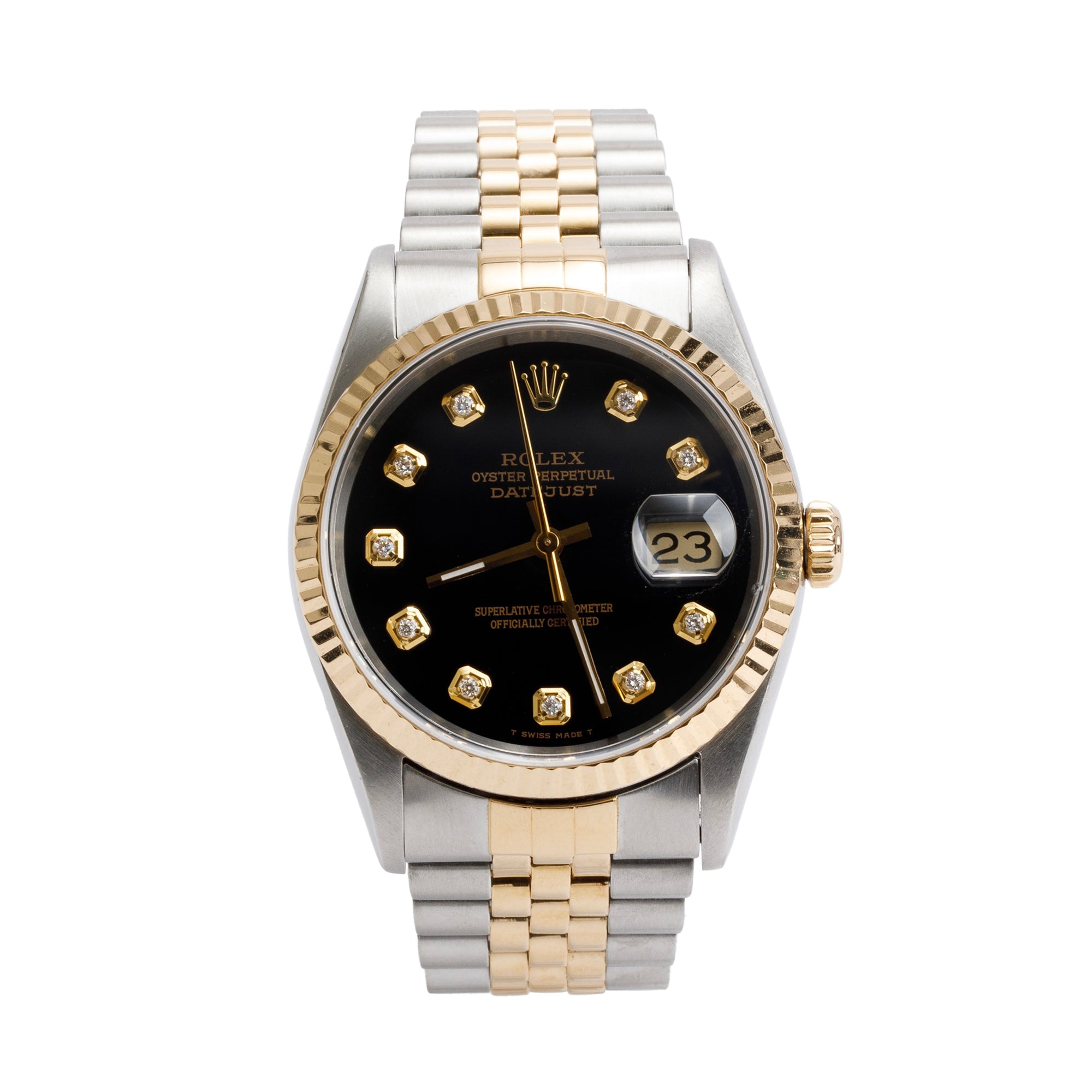 Rolex Stainless Steel & 18k Yellow Gold Datejust 36 MM Watch Black Diamond Dial 16233