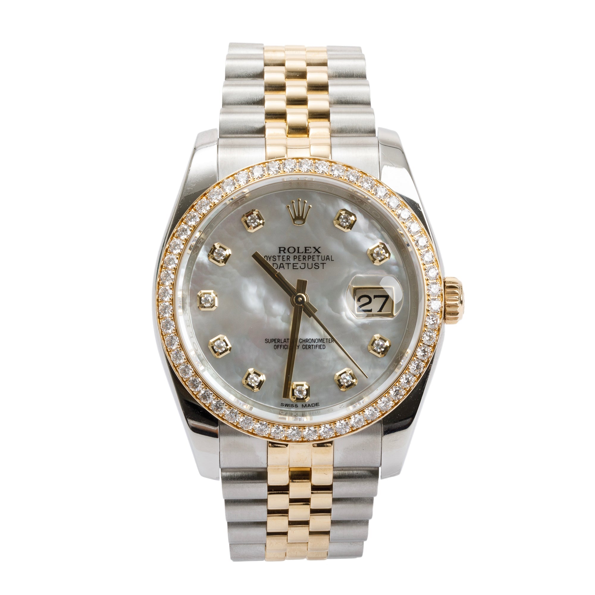 Rolex Stainless Steel & 18k Yellow Gold Diamond Bezel & Mother of Pearl Diamond Dial Datejust 36 MM Watch w/ Box & Papers