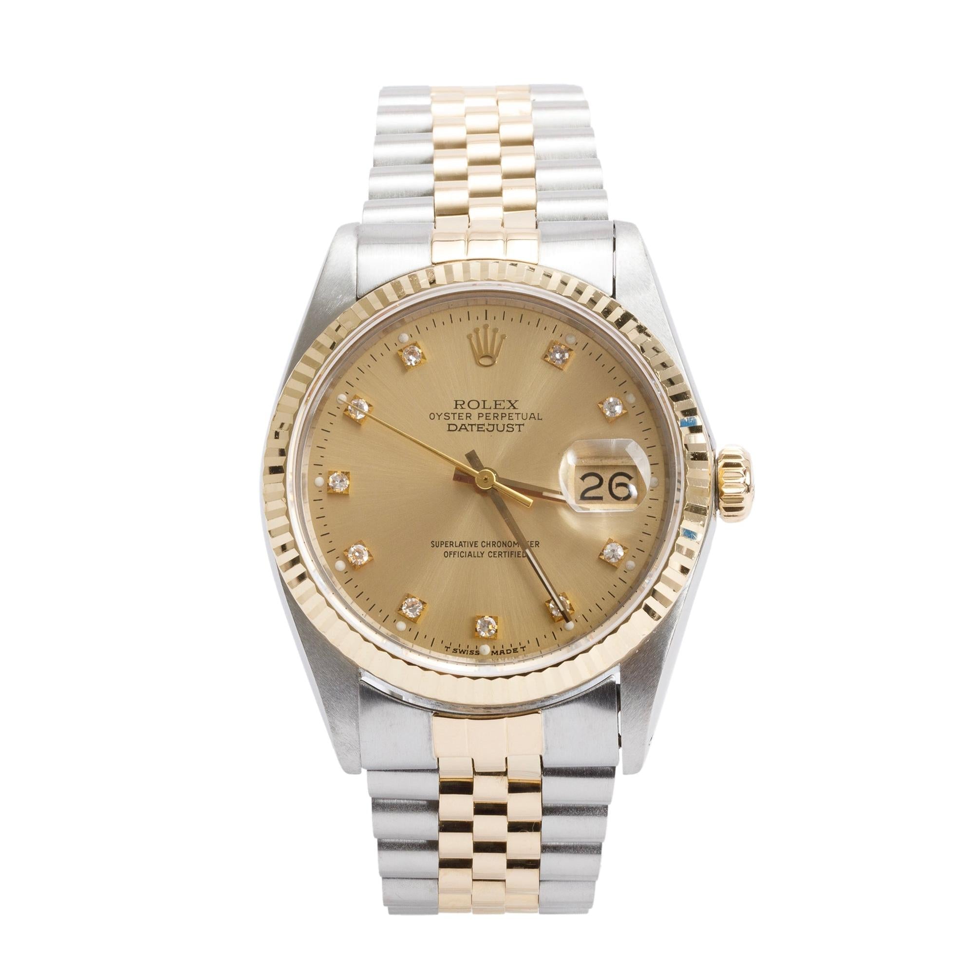 Rolex Stainless Steel & 18k Yellow Gold Diamond Dial Datejust 36 MM Watch 16013