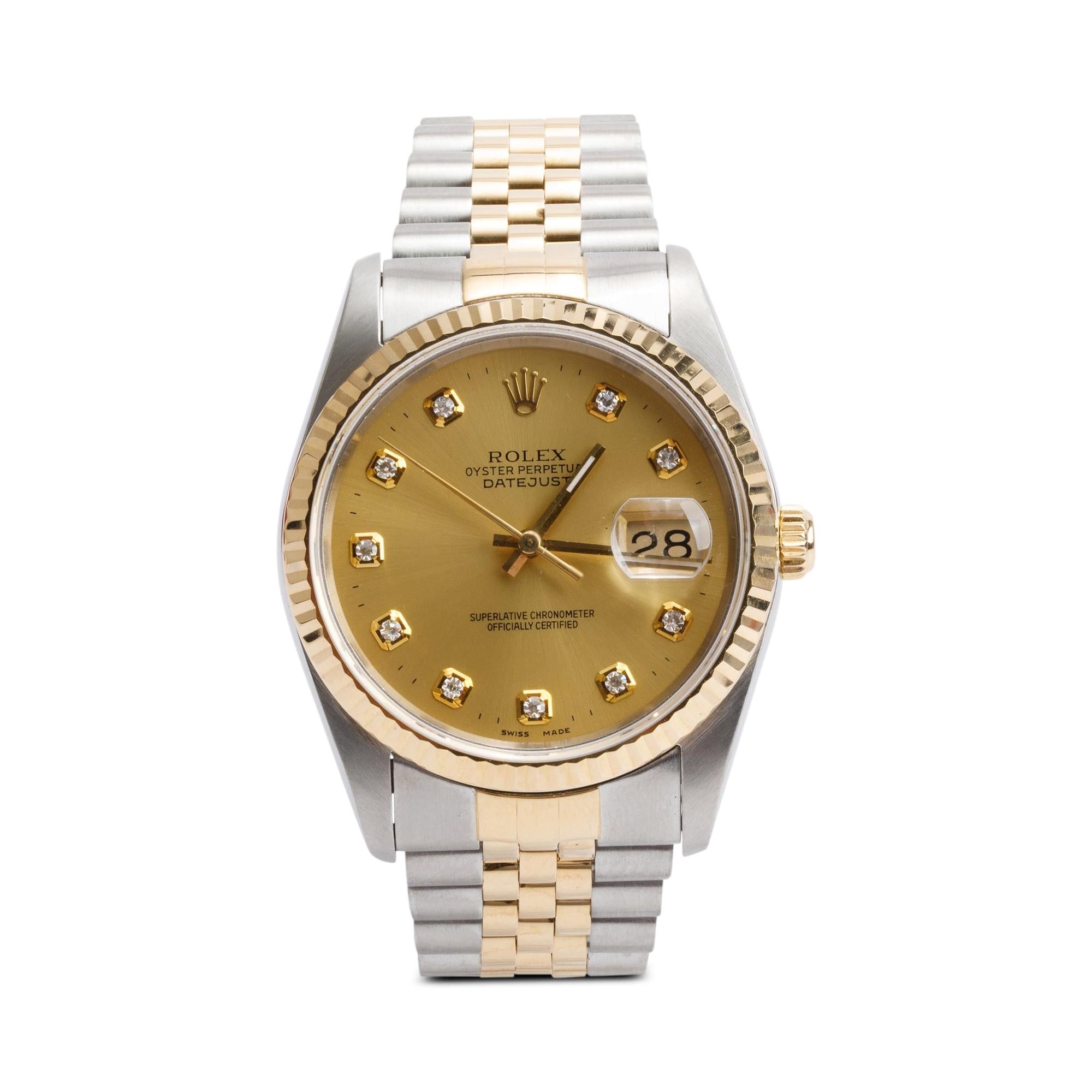 Rolex Stainless Steel & 18k Yellow Gold Diamond Dial Datejust 36 MM Watch 16233 w/ Box