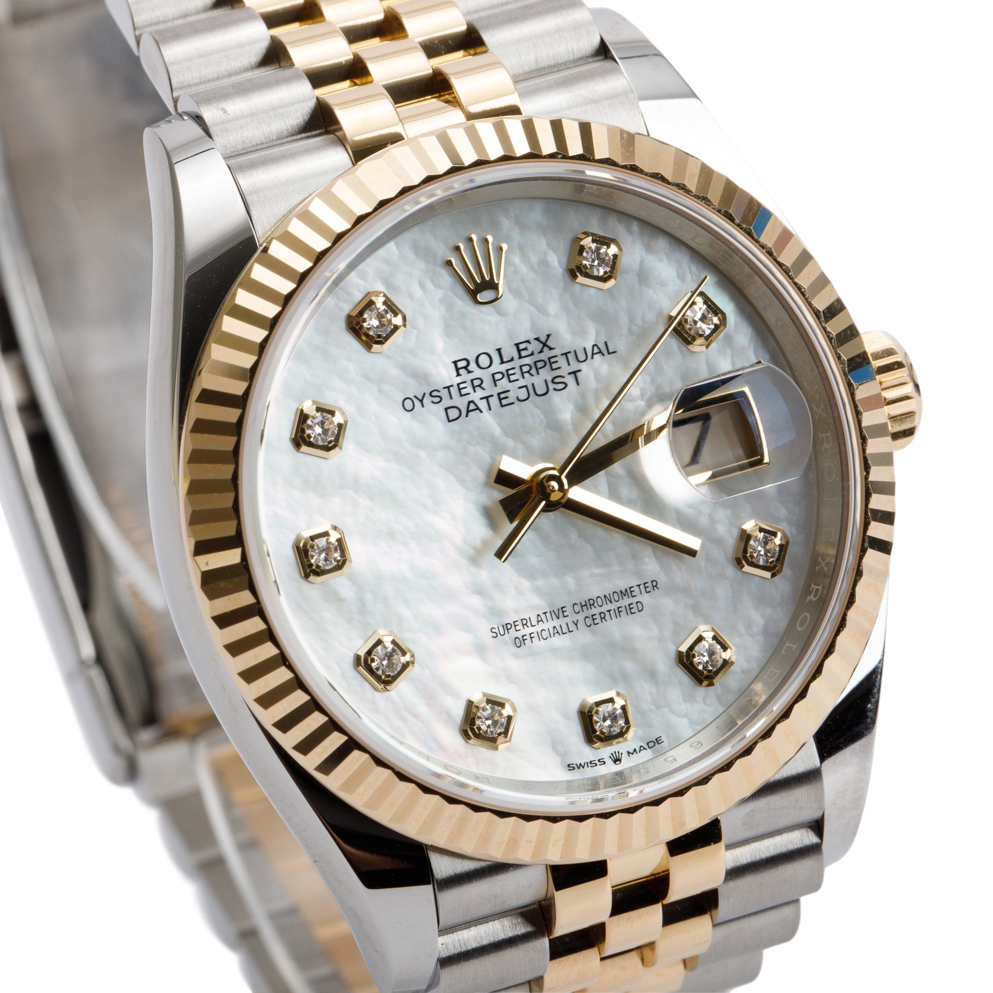 Rolex Stainless Steel & 18k Yellow Gold Mother of Pearl Diamond Dial Datejust 36 MM Watch 126233 w/ Box & Papers