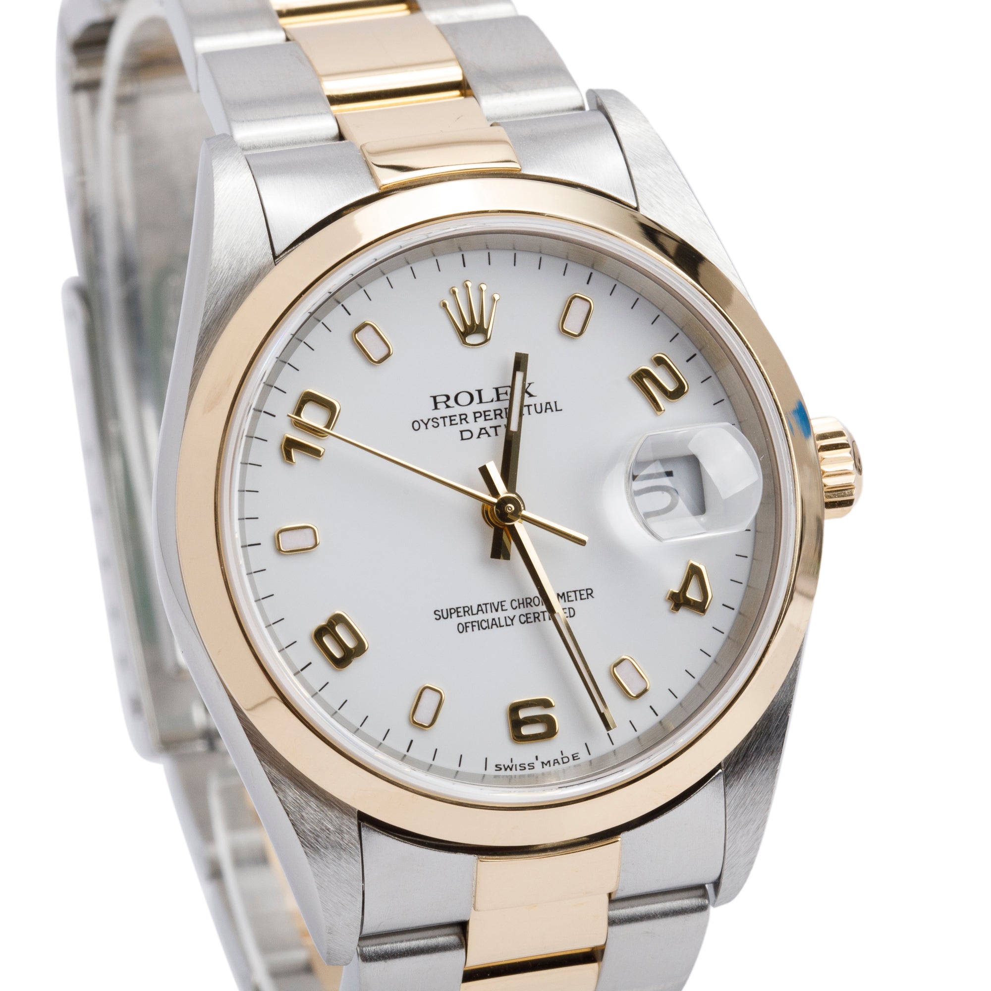 Rolex Stainless Steel & 18k Yellow Gold Oyster Perpetual Date 34 MM Watch White Dial 15203 w Box & Papers