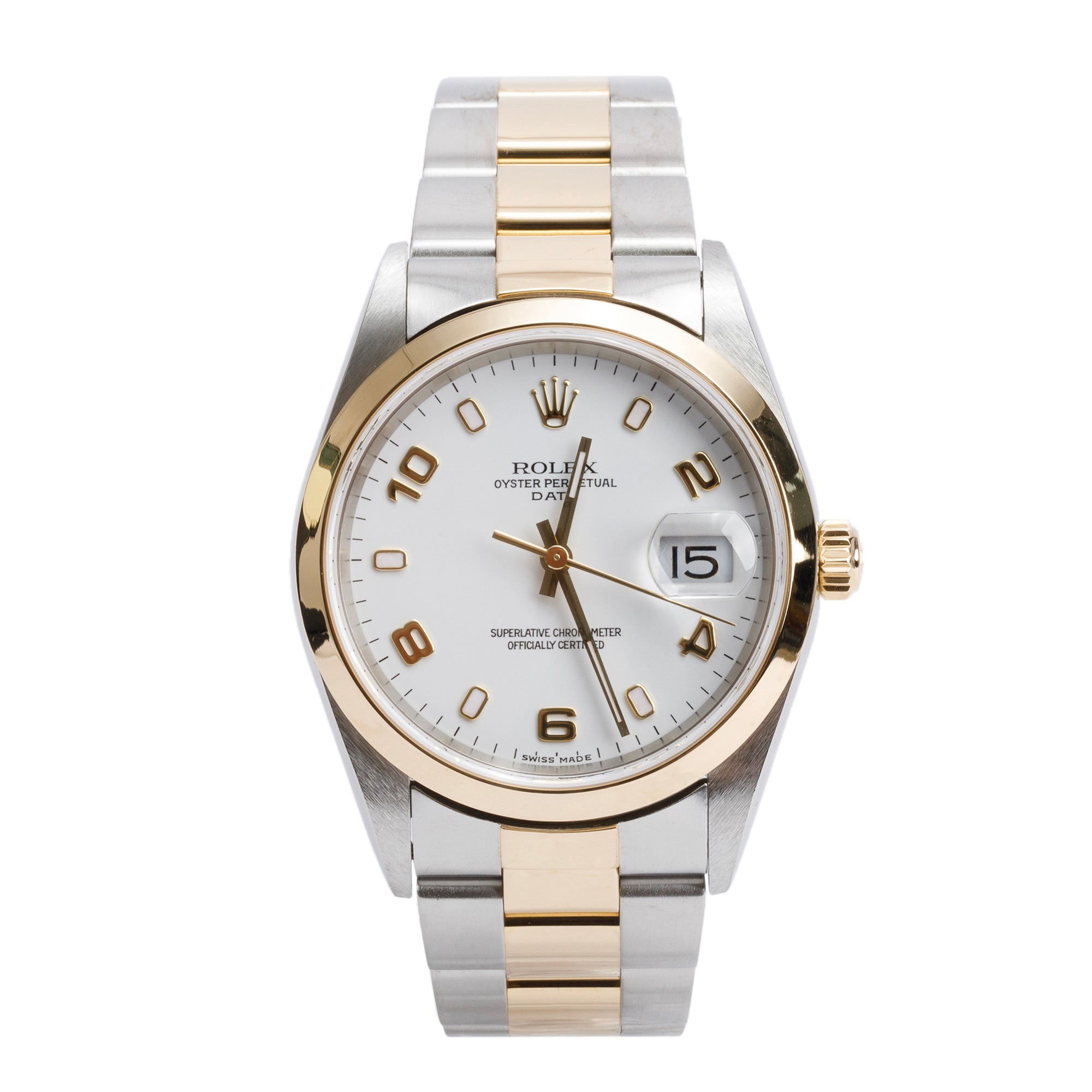 Rolex Stainless Steel & 18k Yellow Gold Oyster Perpetual Date 34 MM Watch White Dial 15203 w Box & Papers
