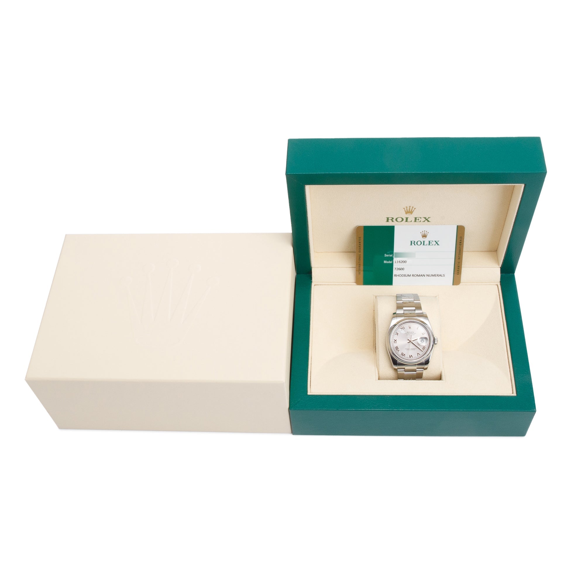 Rolex Stainless Steel Datejust 36 MM Silver Roman Numeral Dial Automatic Watch 116200 w/ Box & Papers