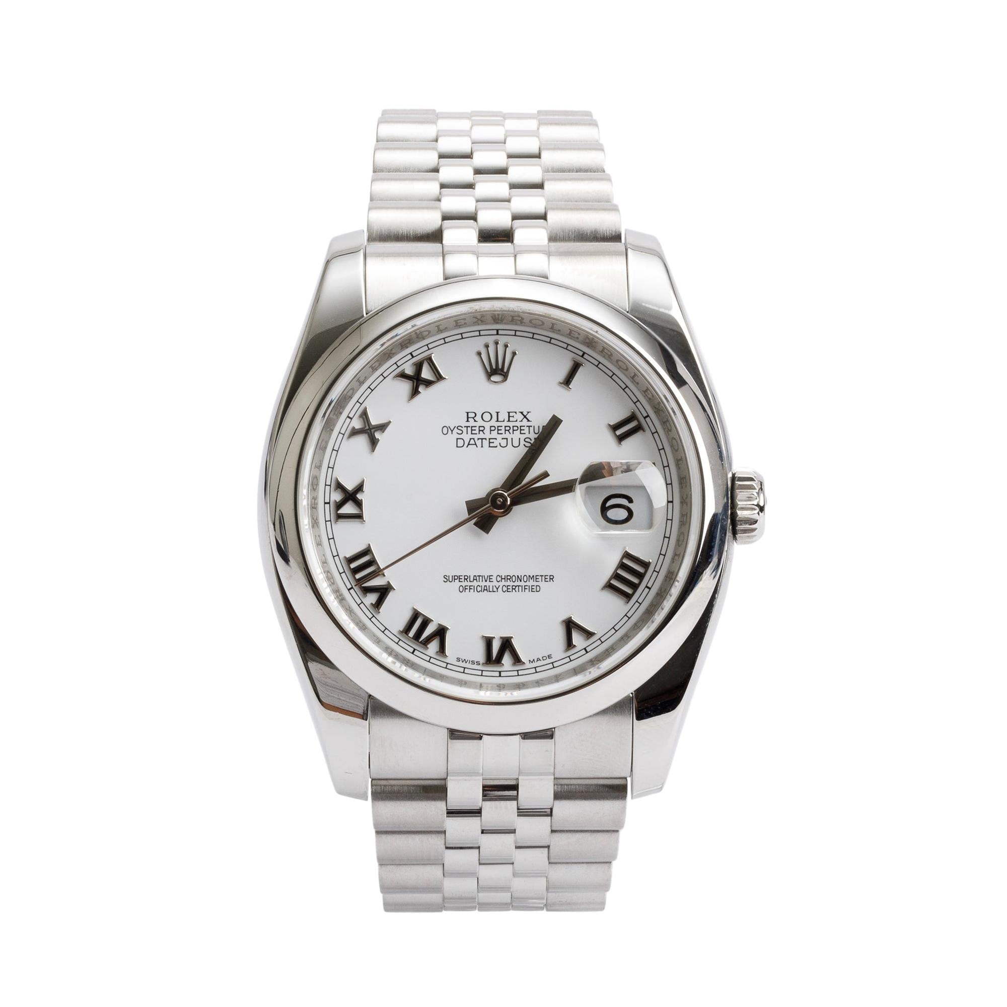 Rolex Stainless Steel Datejust 36 MM White Roman Numberal Dial Automatic Watch 116200