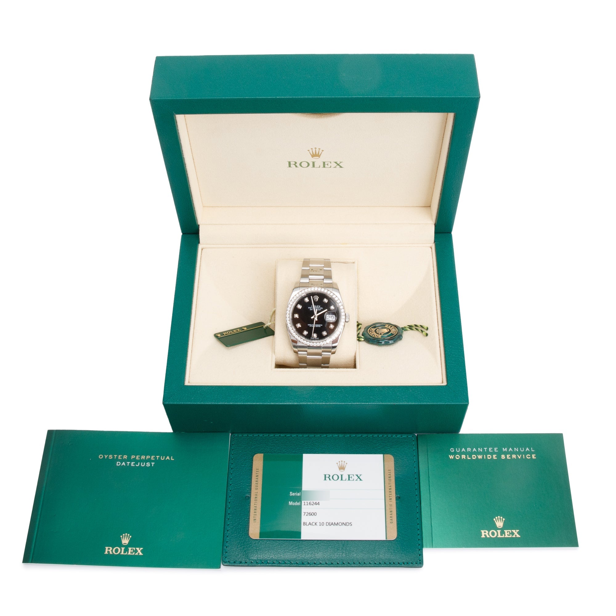 Rolex Stainless Steel Datejust Diamond Bezel Black Diamond Dial 36 MM Datejust Watch 116244 w/ Box & Papers
