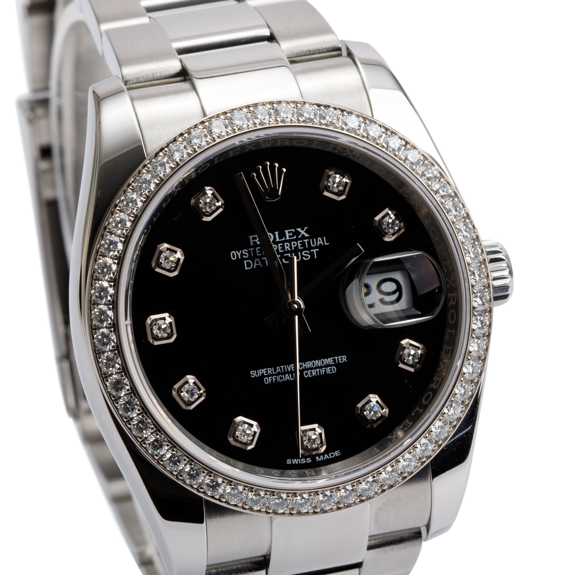 Rolex Stainless Steel Datejust Diamond Bezel Black Diamond Dial 36 MM Datejust Watch 116244 w/ Box & Papers