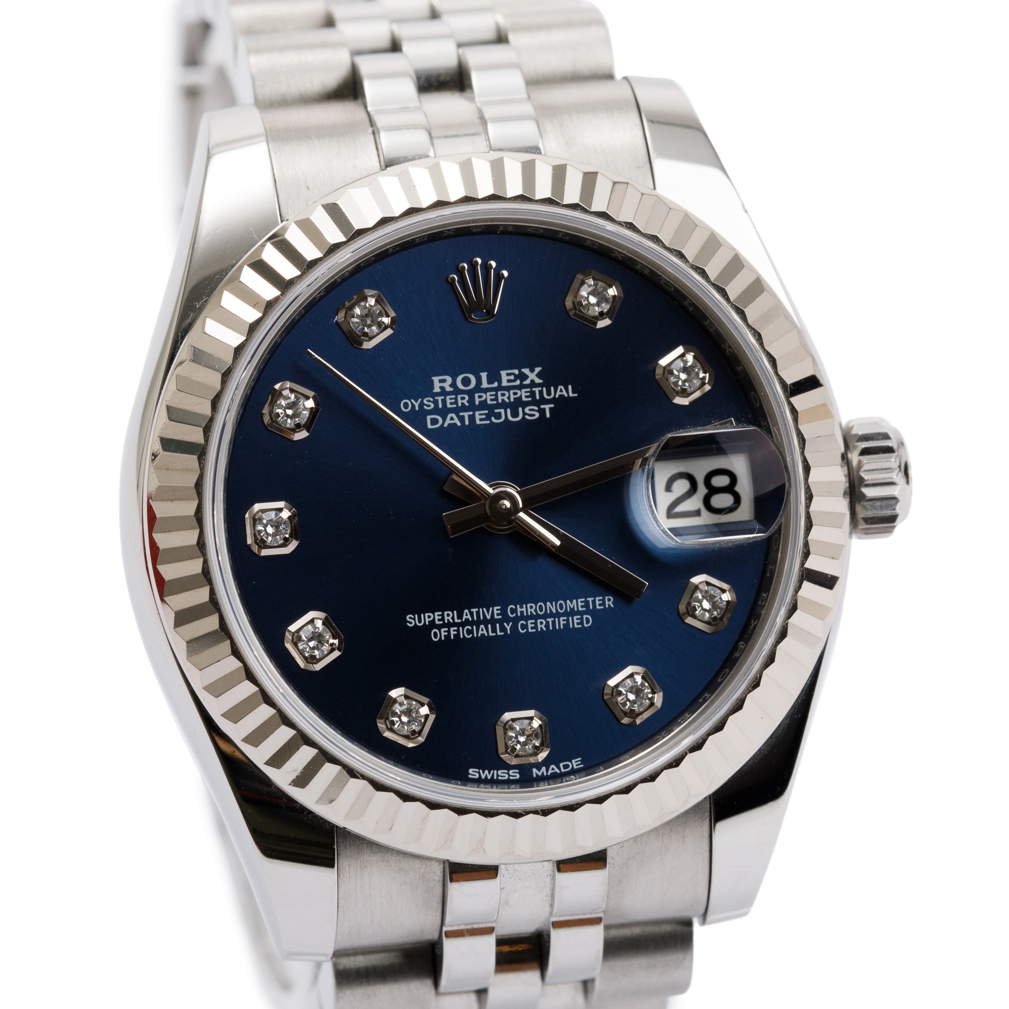 Rolex Stainless Steel Diamond Blue Dial Datejust 31MM Watch w/ Box & Papers