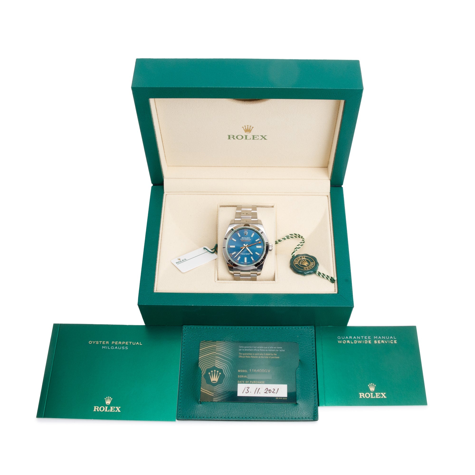 Rolex Stainless Steel Milgauss Blue Dial Green Crystal 40 MM Watch 116400GV w/ Box & Papers