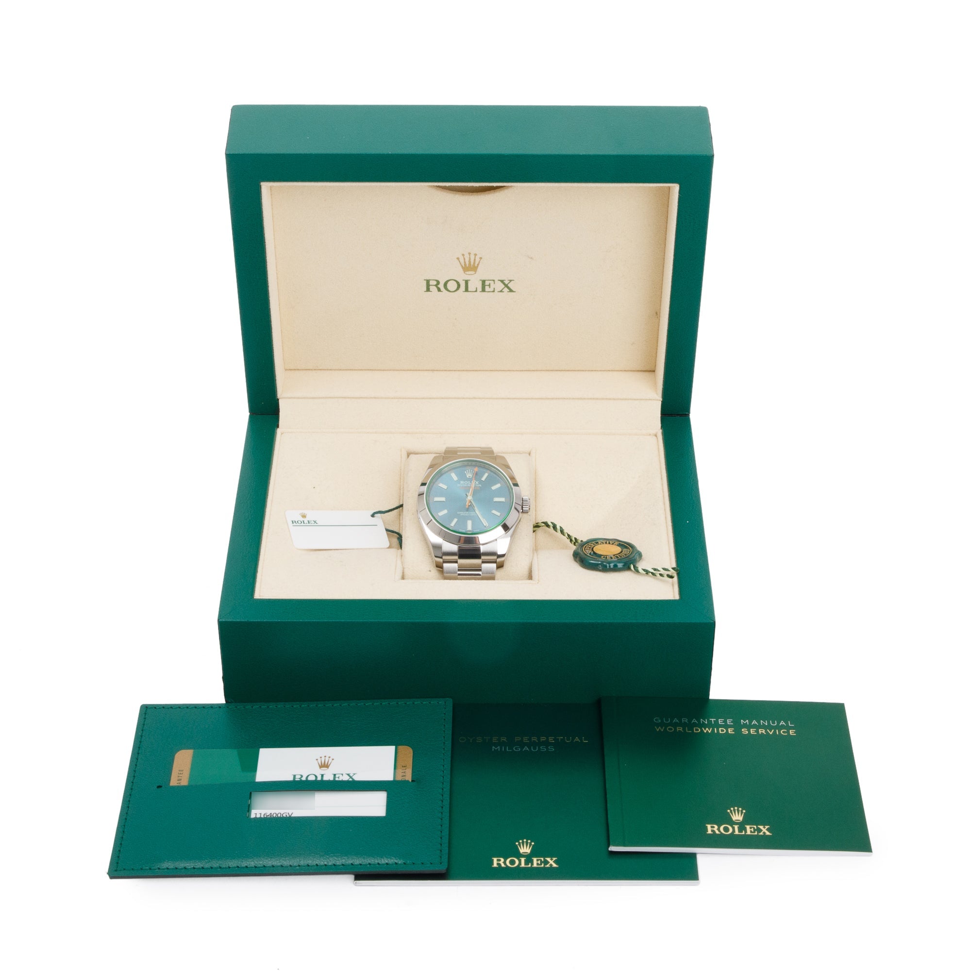 Rolex Stainless Steel Milgauss Green Crystal 40 MM Watch w/ Box & Papers