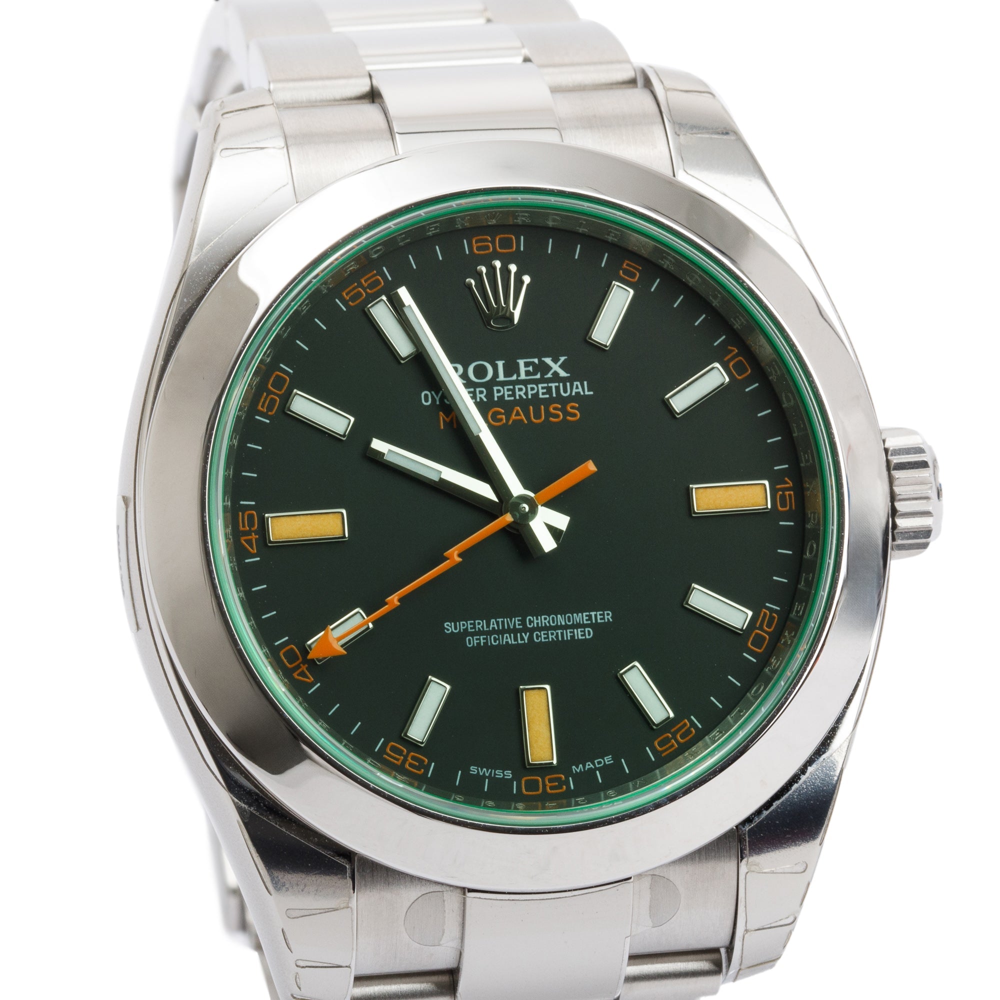 Rolex Stainless Steel Milgauss Green Crystal 40 MM Watch w/ Box & Papers