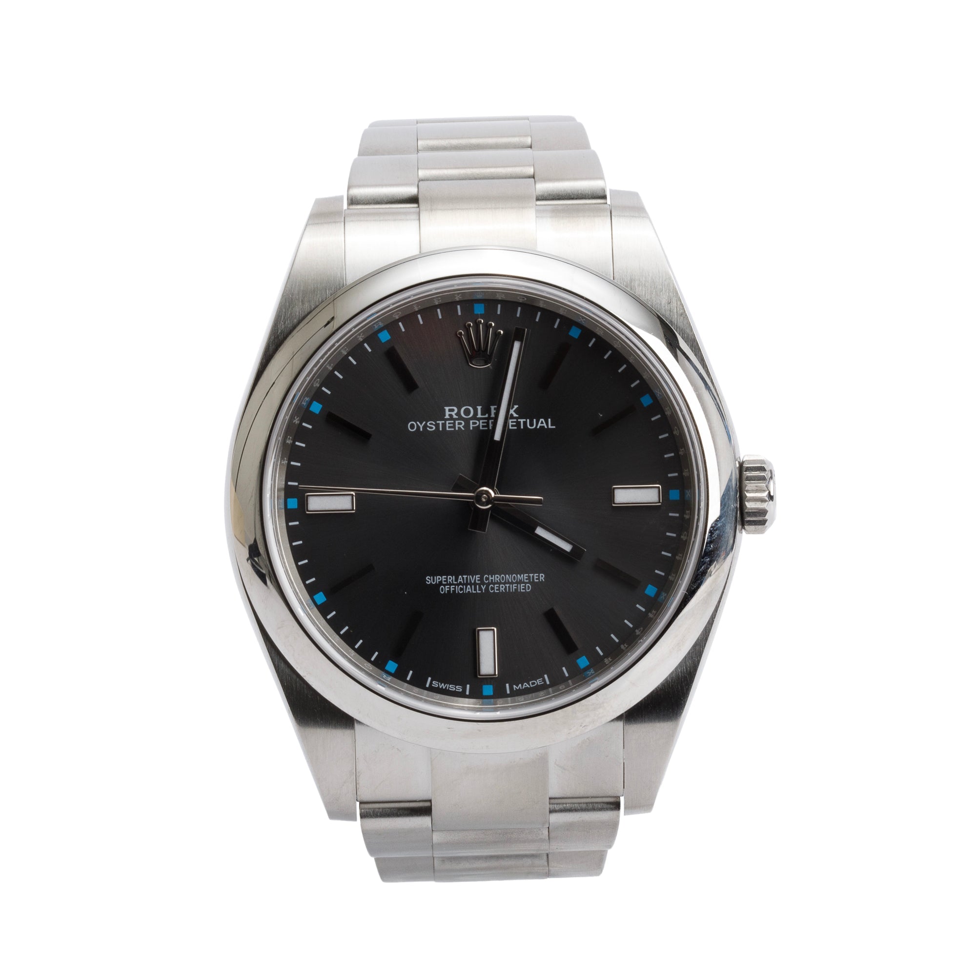 Rolex Stainless Steel Oyster Perpetual 39 MM Watch Grey Rhodium Dial 114300 w/ Box & Paper