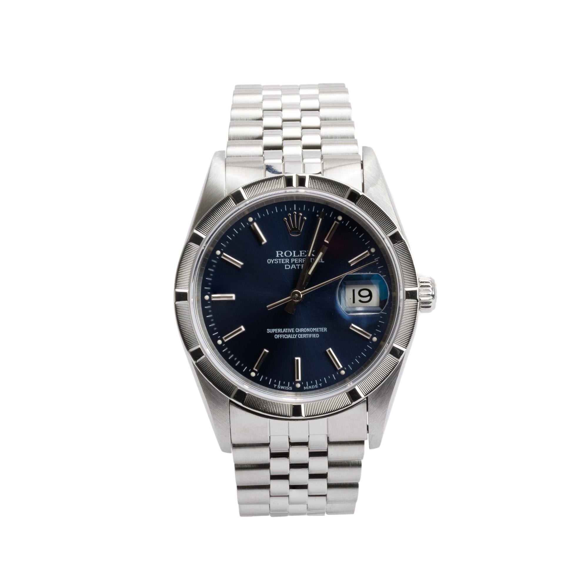 Rolex Stainless Steel Oyster Perpetual Date 34 MM Watch Blue Dial 15210