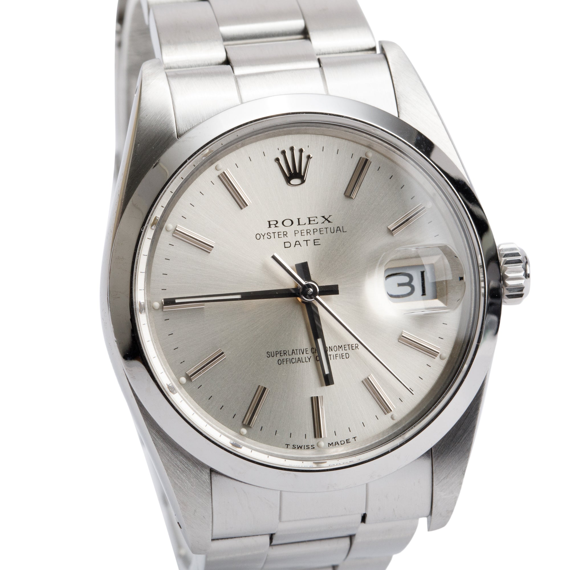 Rolex Stainless Steel Oyster Perpetual Date 34 MM Watch Silver Dial 15000