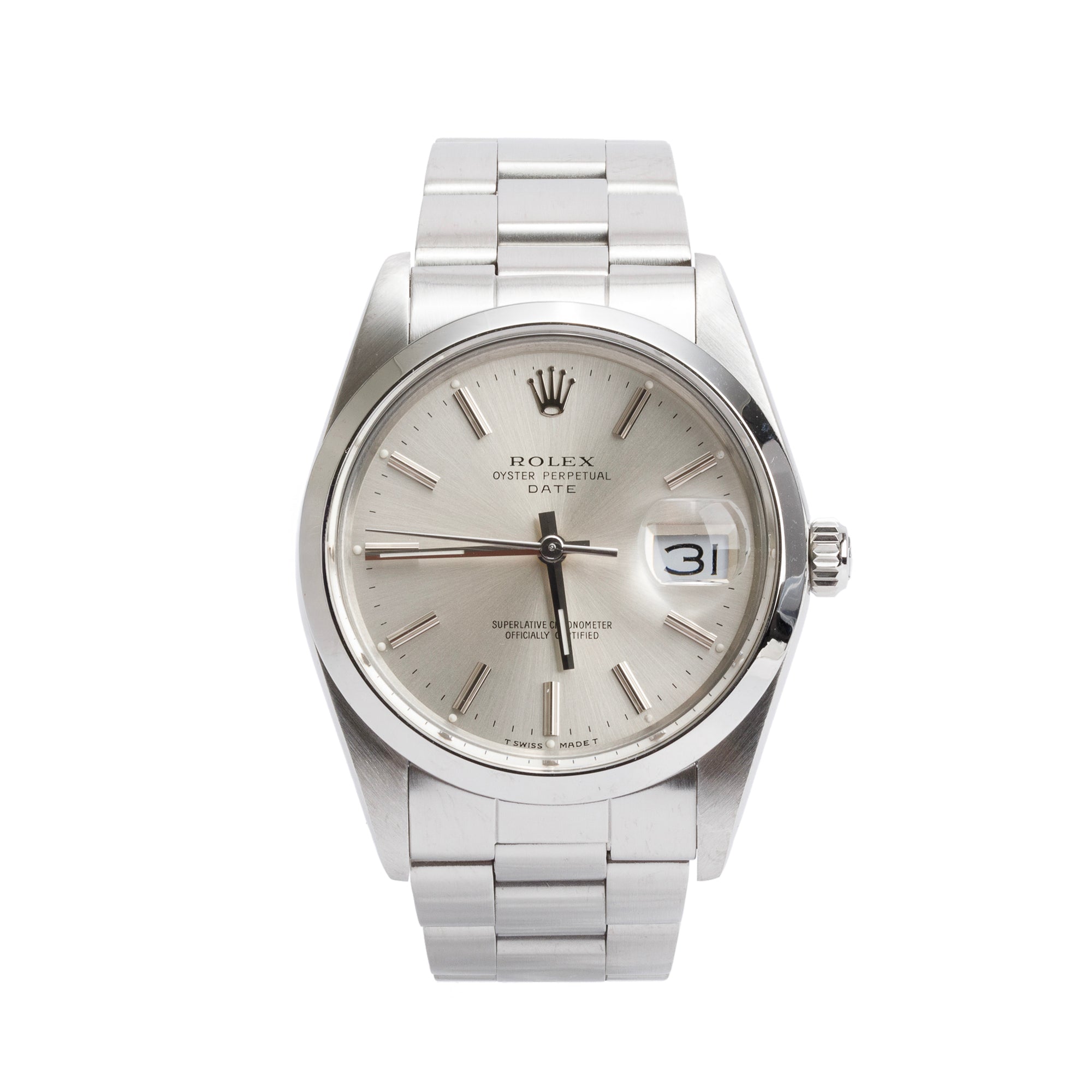 Rolex Stainless Steel Oyster Perpetual Date 34 MM Watch Silver Dial 15000