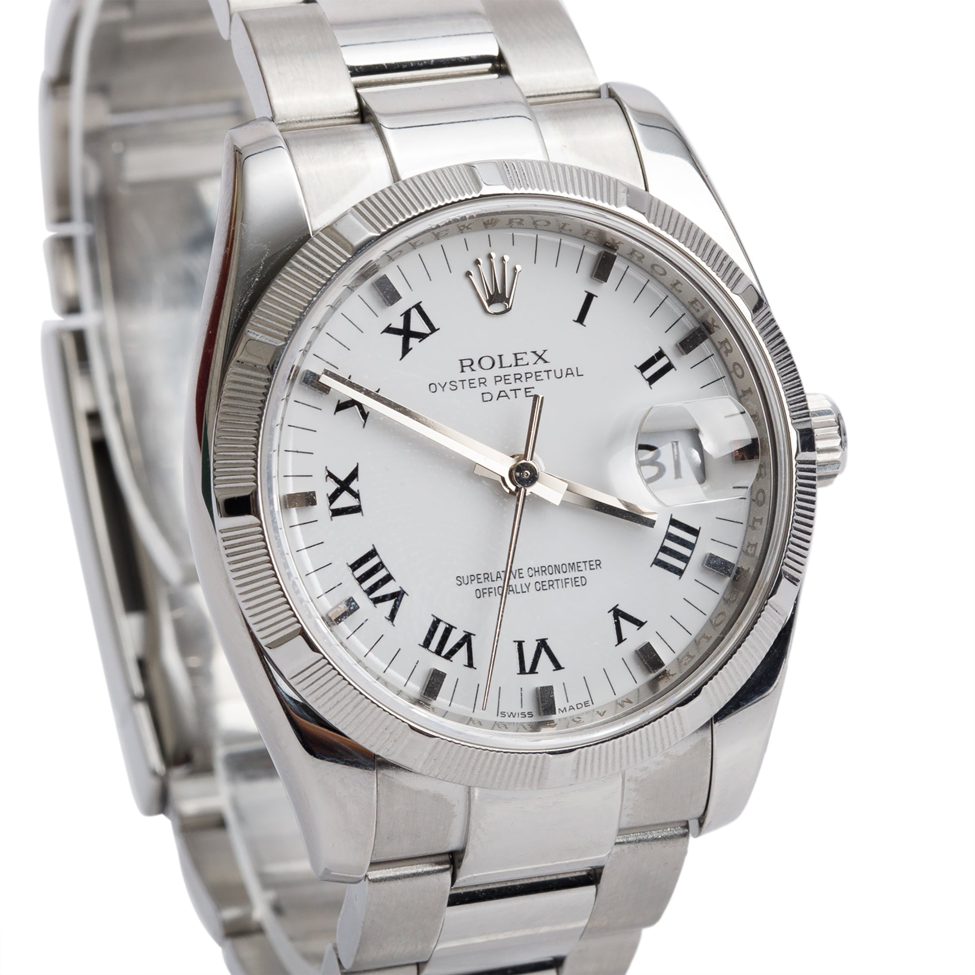Rolex Stainless Steel Oyster Perpetual Date 34 MM Watch White Dial 115210 w/ Box & Papers