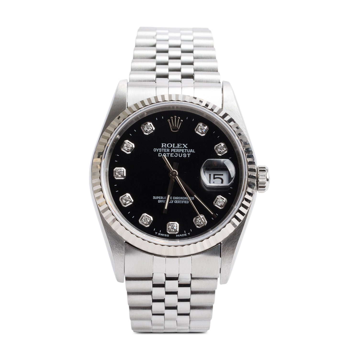 Rolex Stainless Steel Oyster Perpetual Datejust 36 MM Black Diamond Dial Watch 16234 w/ Box