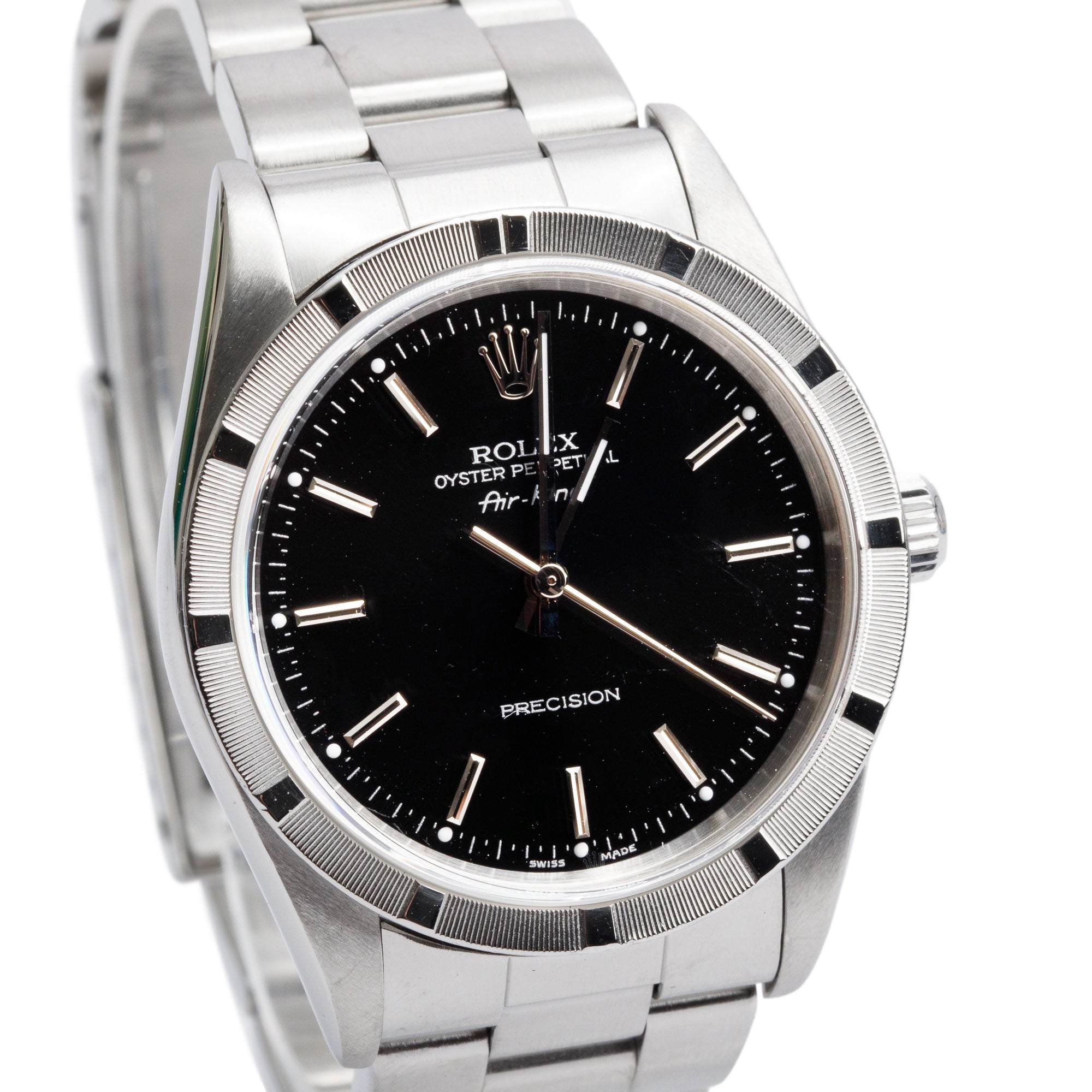 Rolex Stainless Steel Oyster Perpetual Engine Turned Bezel Air King 34 MM Watch Black Dial 14010M w/ Box & Papers