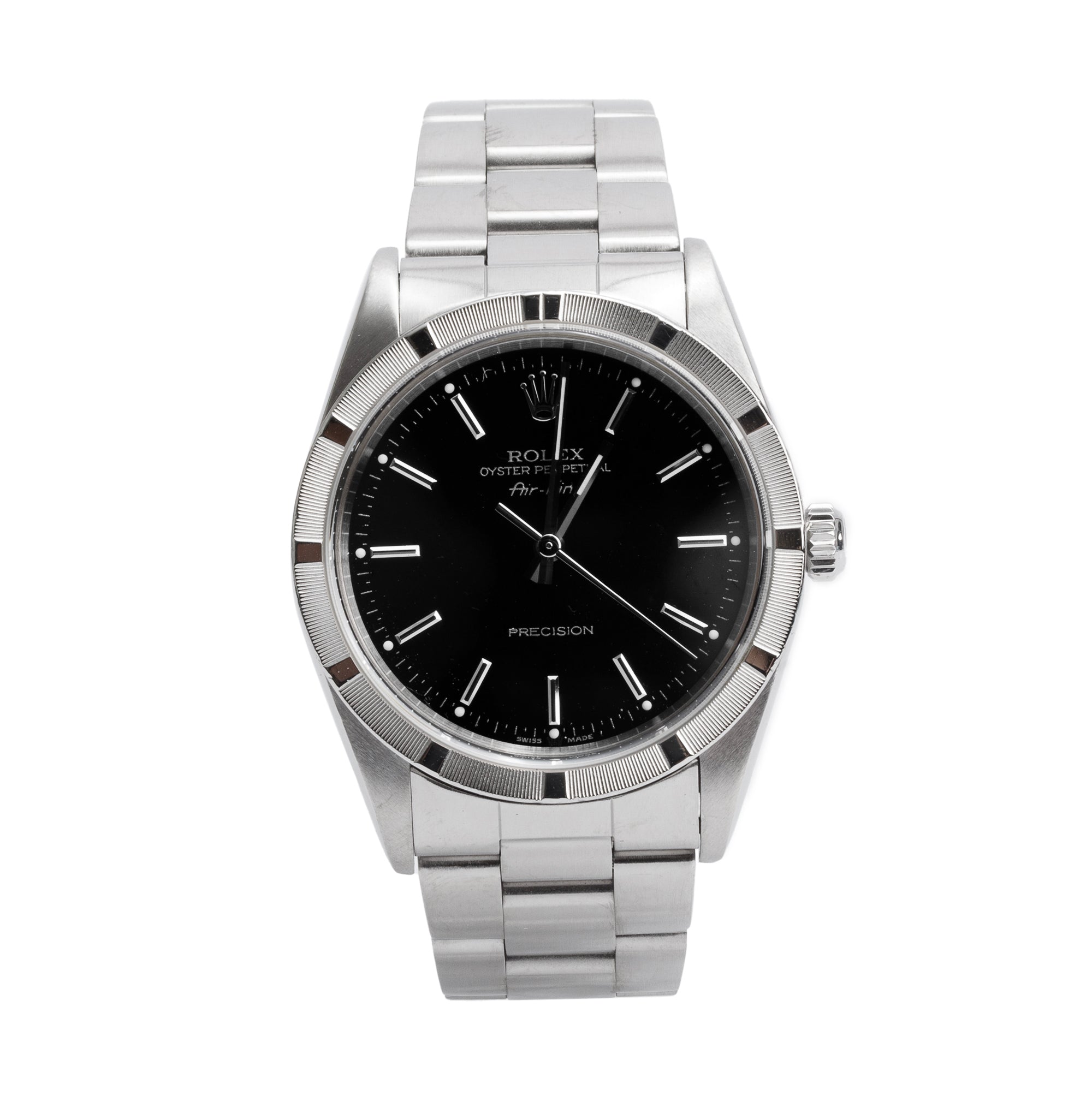 Rolex Stainless Steel Oyster Perpetual Engine Turned Bezel Air King 34 MM Watch Black Dial 14010M w/ Box & Papers