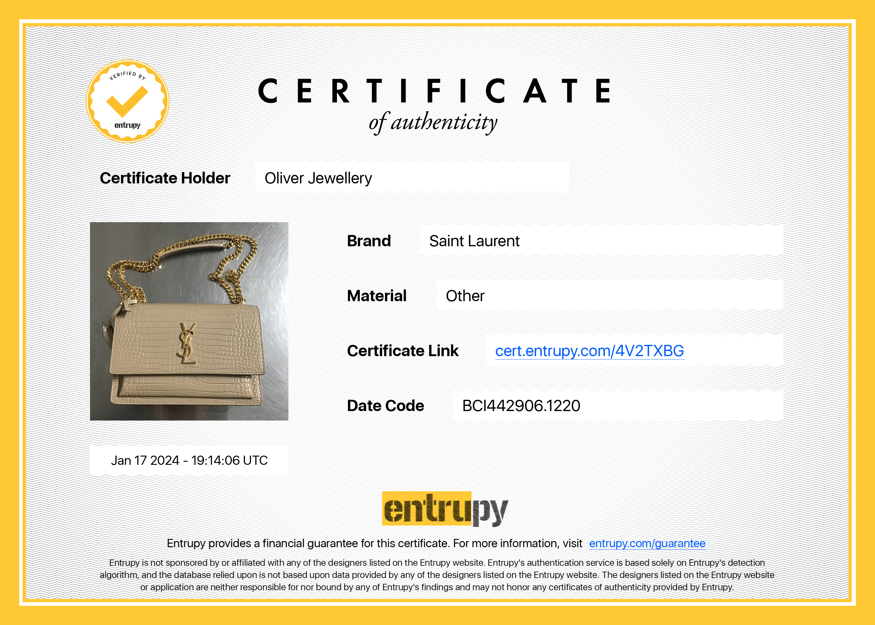 Saint Laurent 2020 Beige Crocodile Embossed Leather Medium Sunset Bag w/ Box