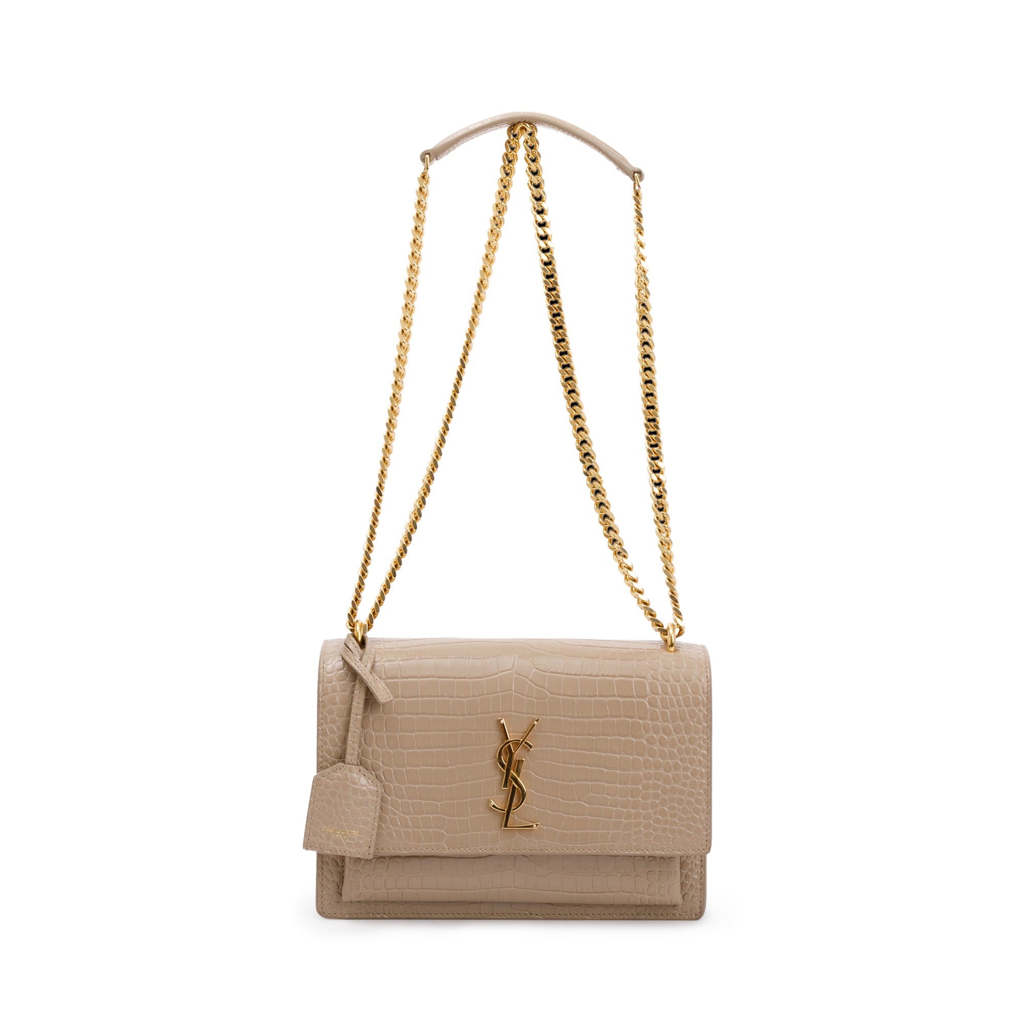 Saint Laurent 2020 Beige Crocodile Embossed Leather Medium Sunset Bag w/ Box