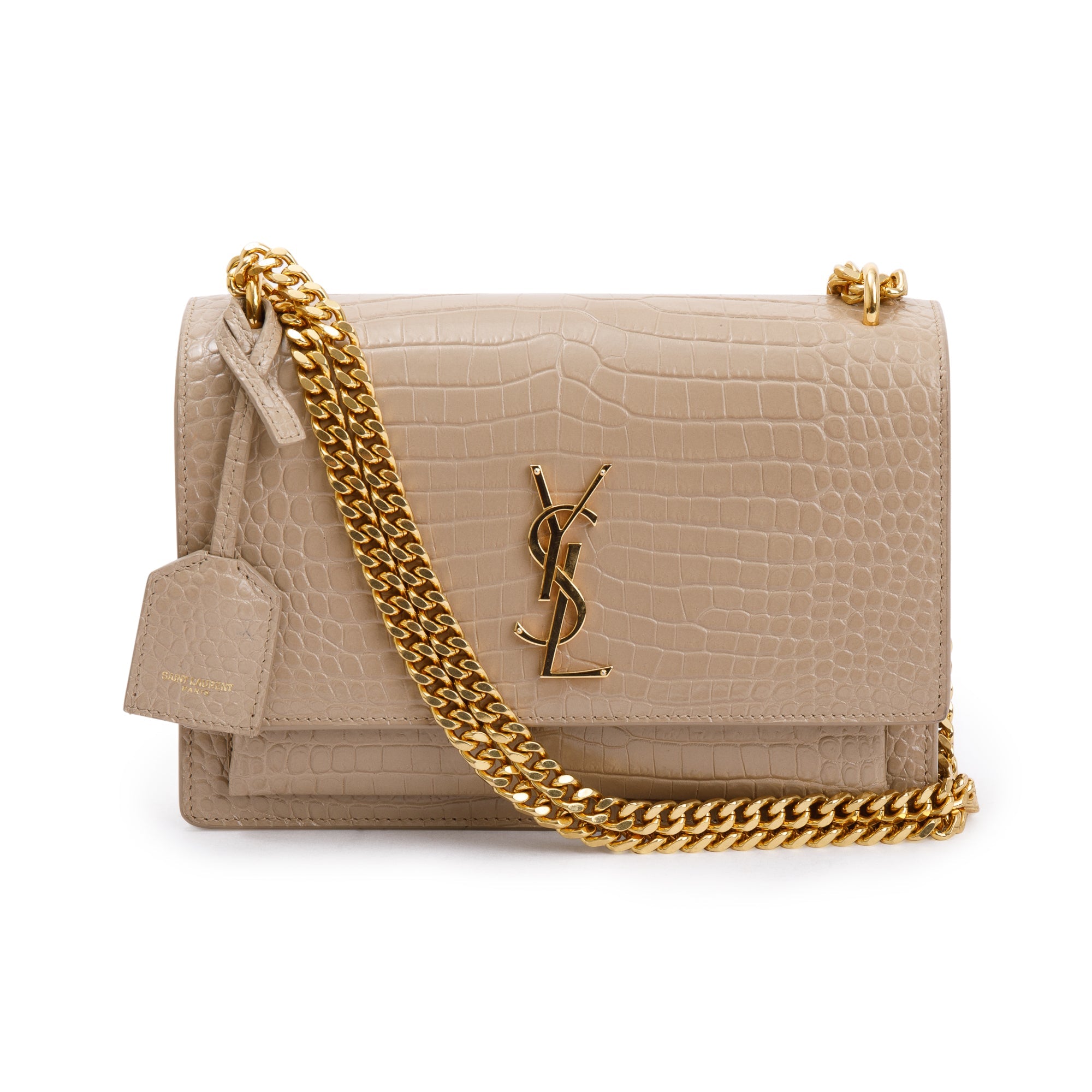 Saint Laurent 2020 Beige Crocodile Embossed Leather Medium Sunset Bag w/ Box