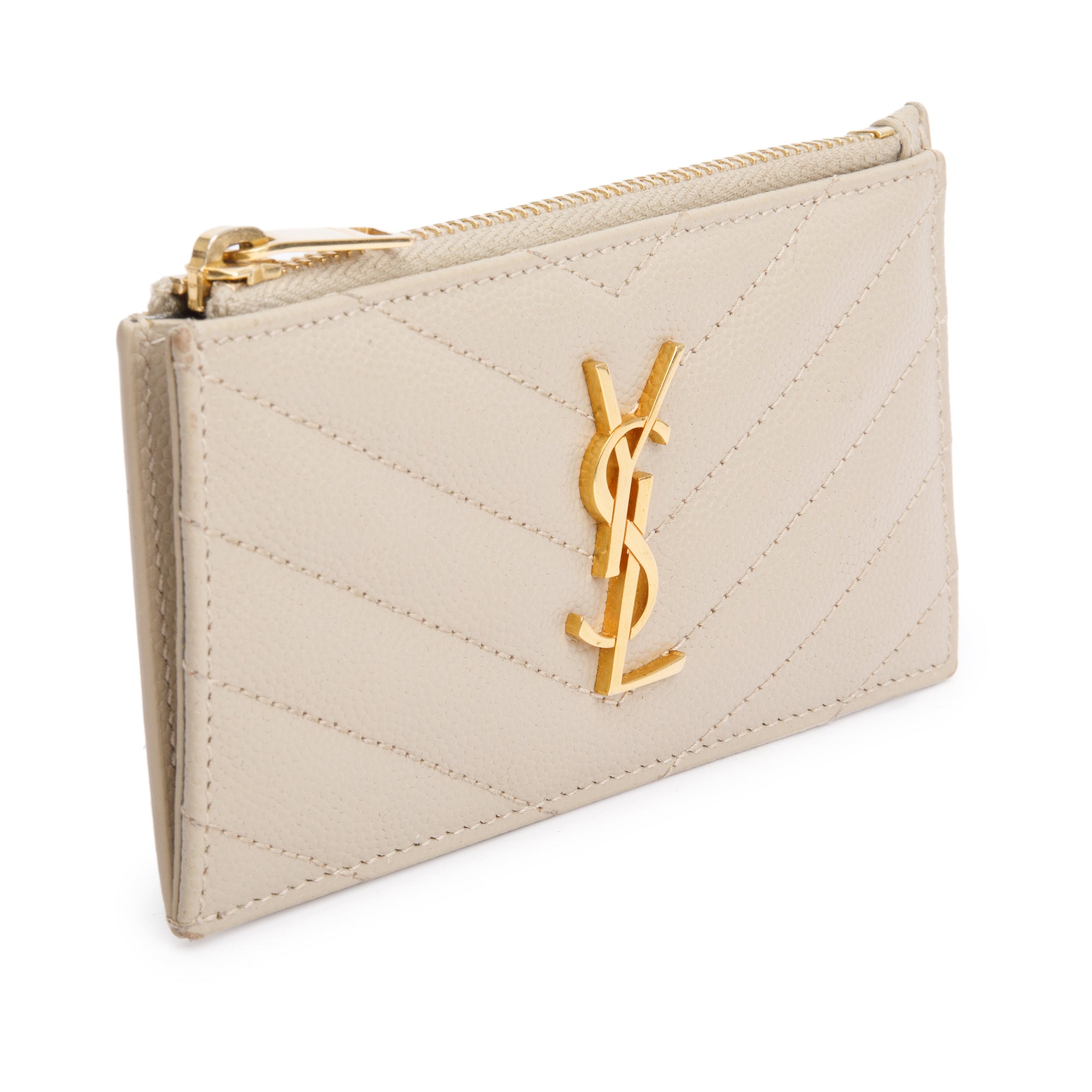 Saint Laurent 2020 Beige Grain De Poudre Embossed Leather Cassandre Matelasse Fragments Zipped Card Case