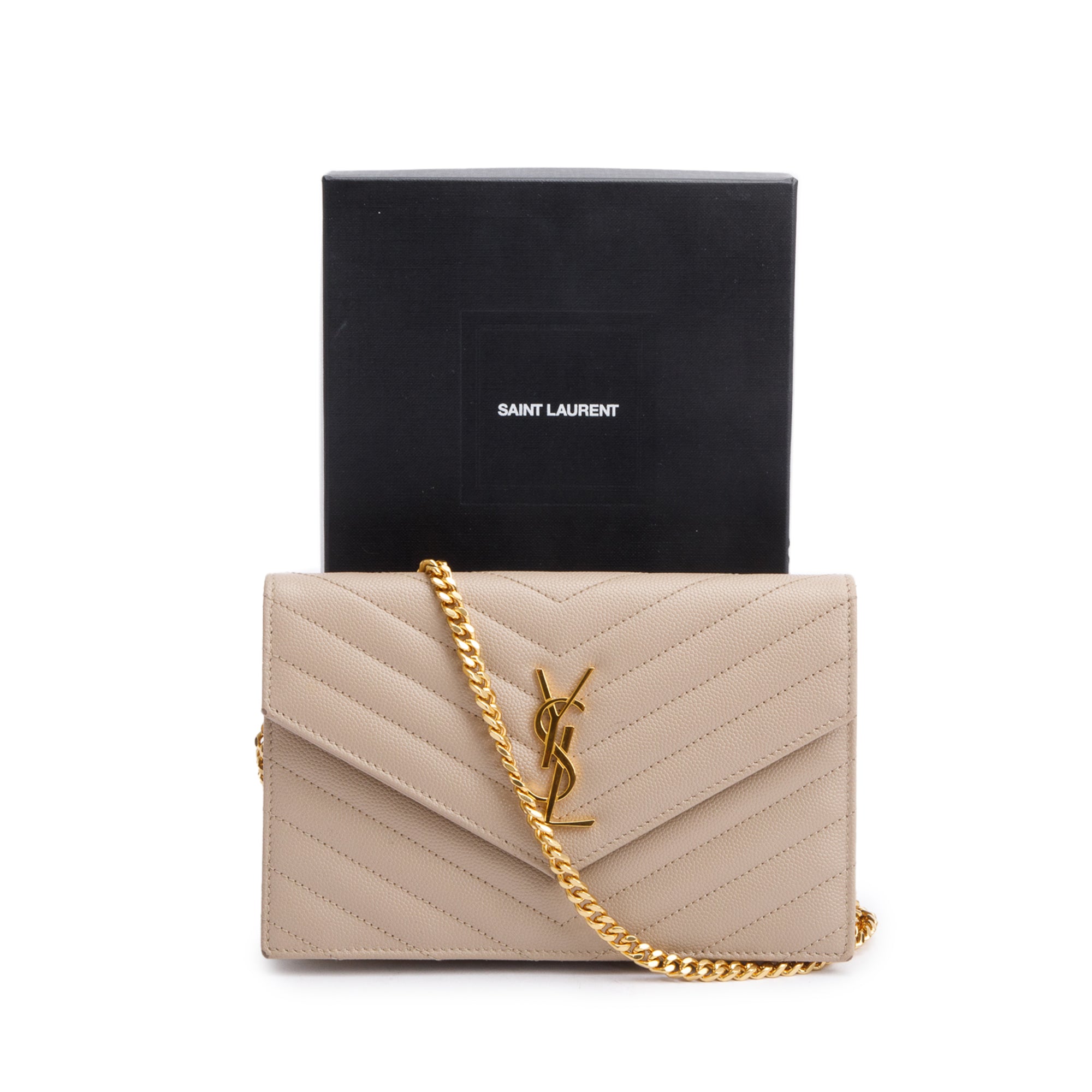 Saint Laurent 2020 Beige Grain De Poudre Leather Cassandre Envelope Chain Wallet w/ Box