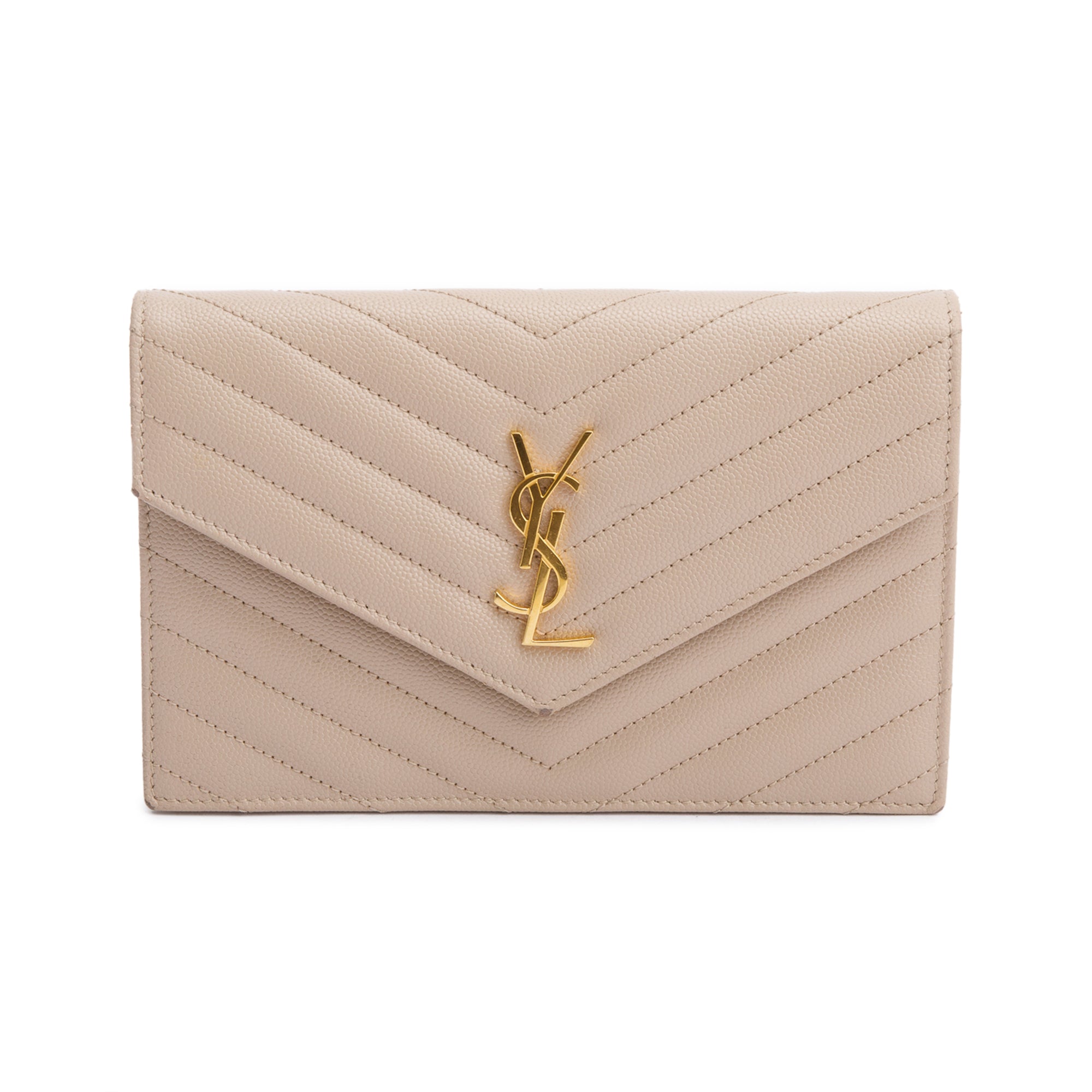 Saint Laurent 2020 Beige Grain De Poudre Leather Cassandre Envelope Chain Wallet w/ Box