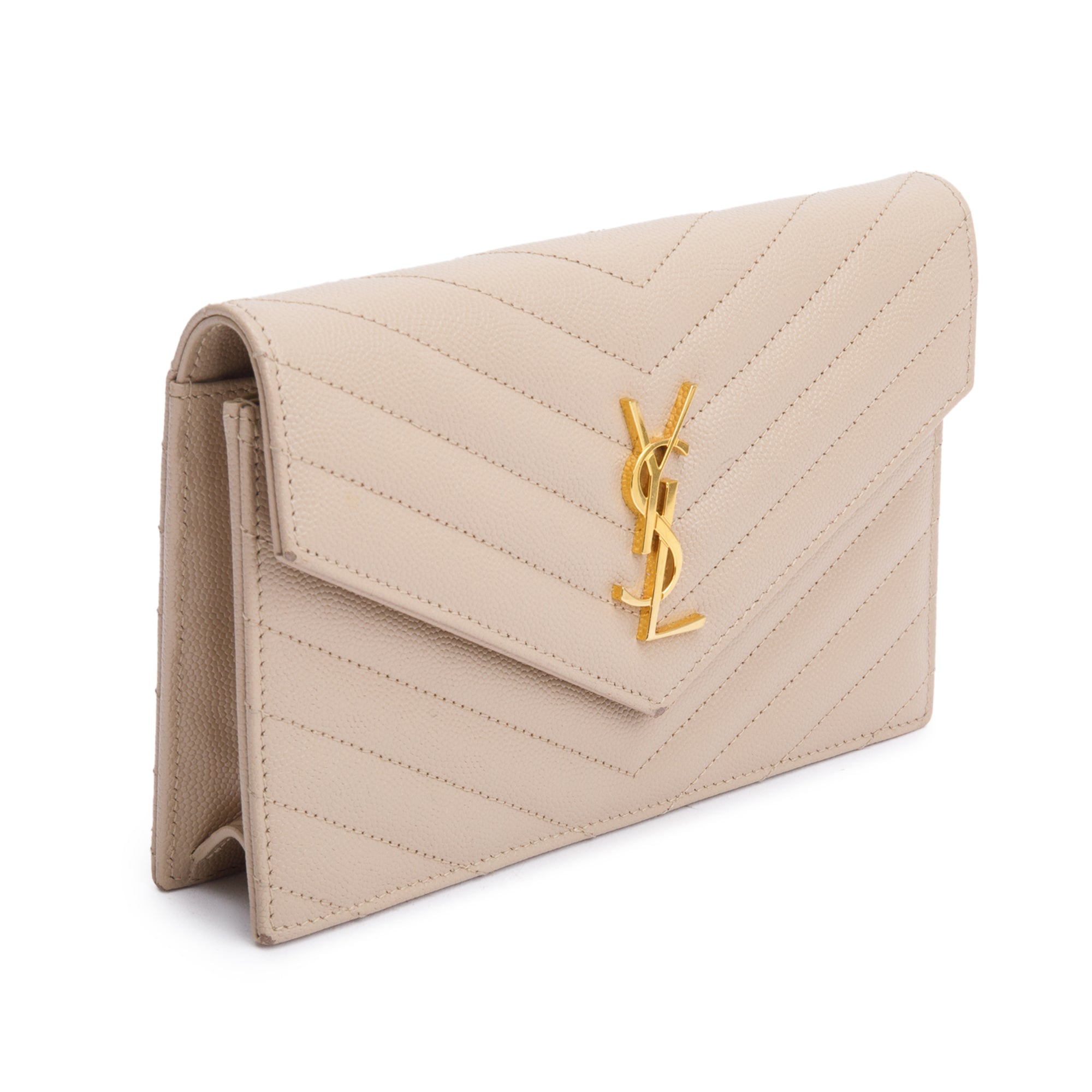Saint Laurent 2020 Beige Grain De Poudre Leather Cassandre Envelope Chain Wallet w/ Box