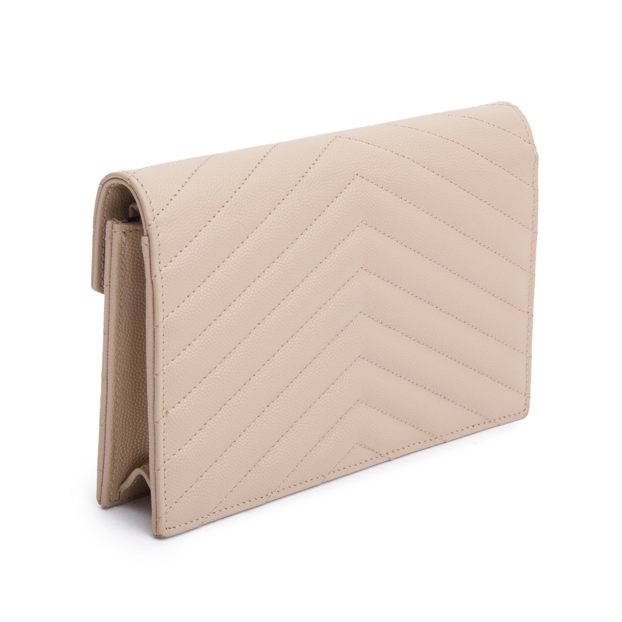 Saint Laurent 2020 Beige Grain De Poudre Leather Cassandre Envelope Chain Wallet w/ Box
