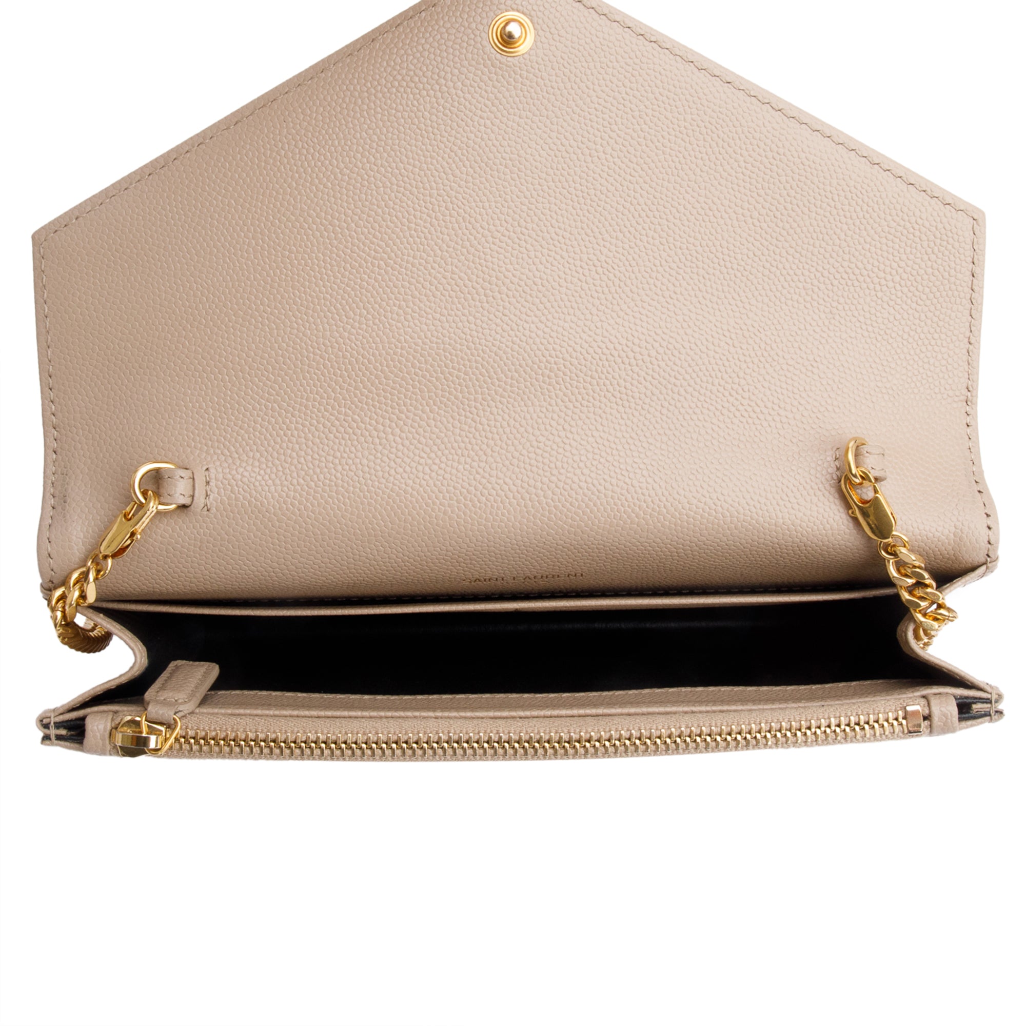 Saint Laurent 2020 Beige Grain De Poudre Leather Cassandre Envelope Chain Wallet w/ Box