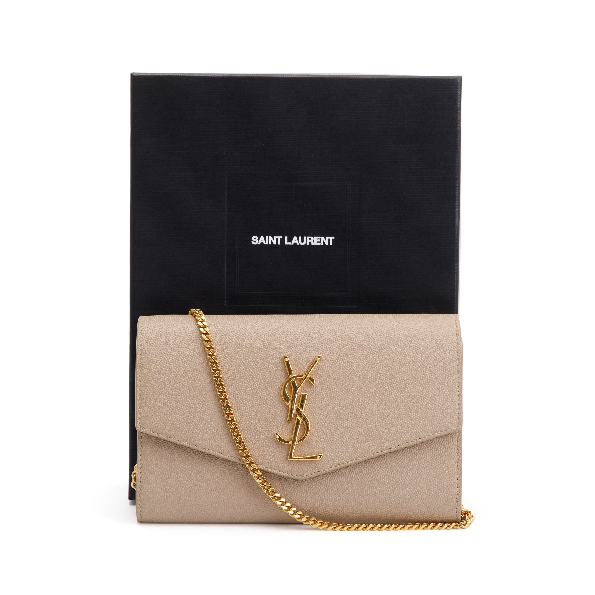Saint Laurent 2020 Beige Grain De Poudre Leather Uptown Chain Wallet w/ Box
