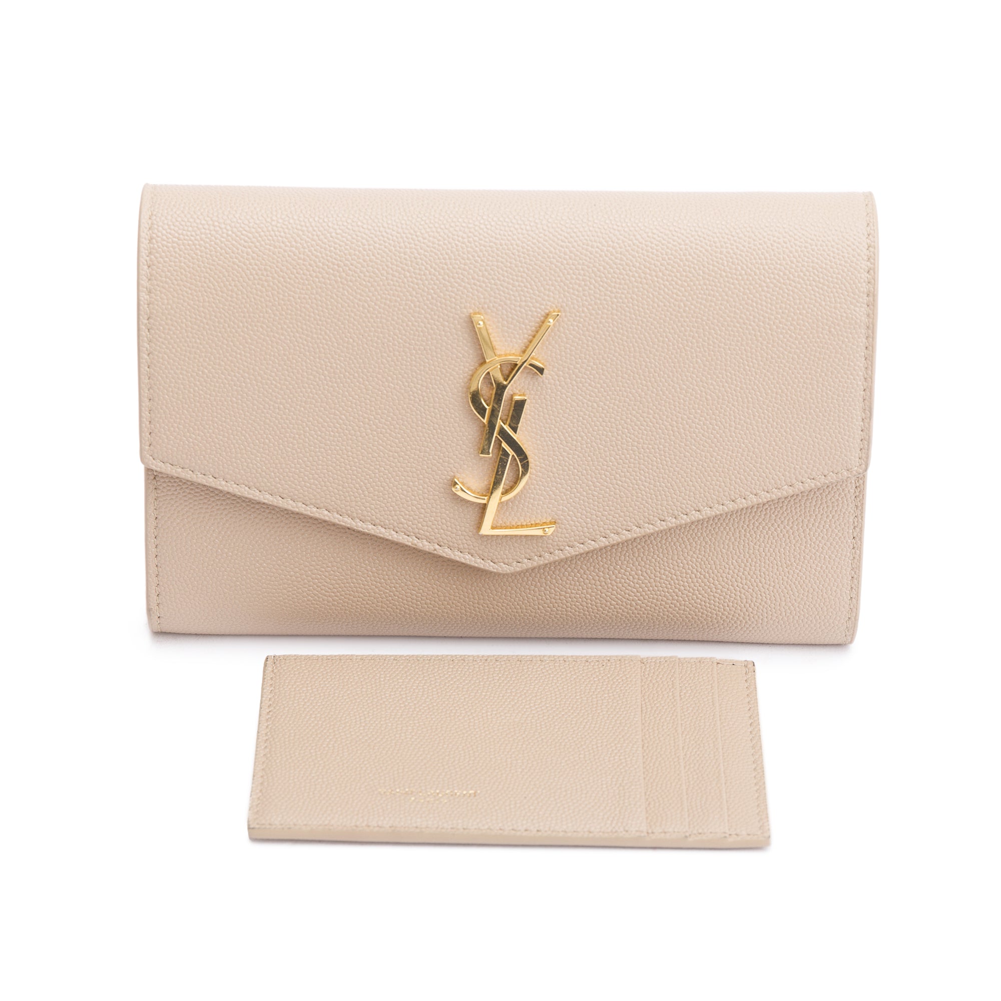Saint Laurent 2020 Beige Grain De Poudre Leather Uptown Chain Wallet w/ Box & Insert