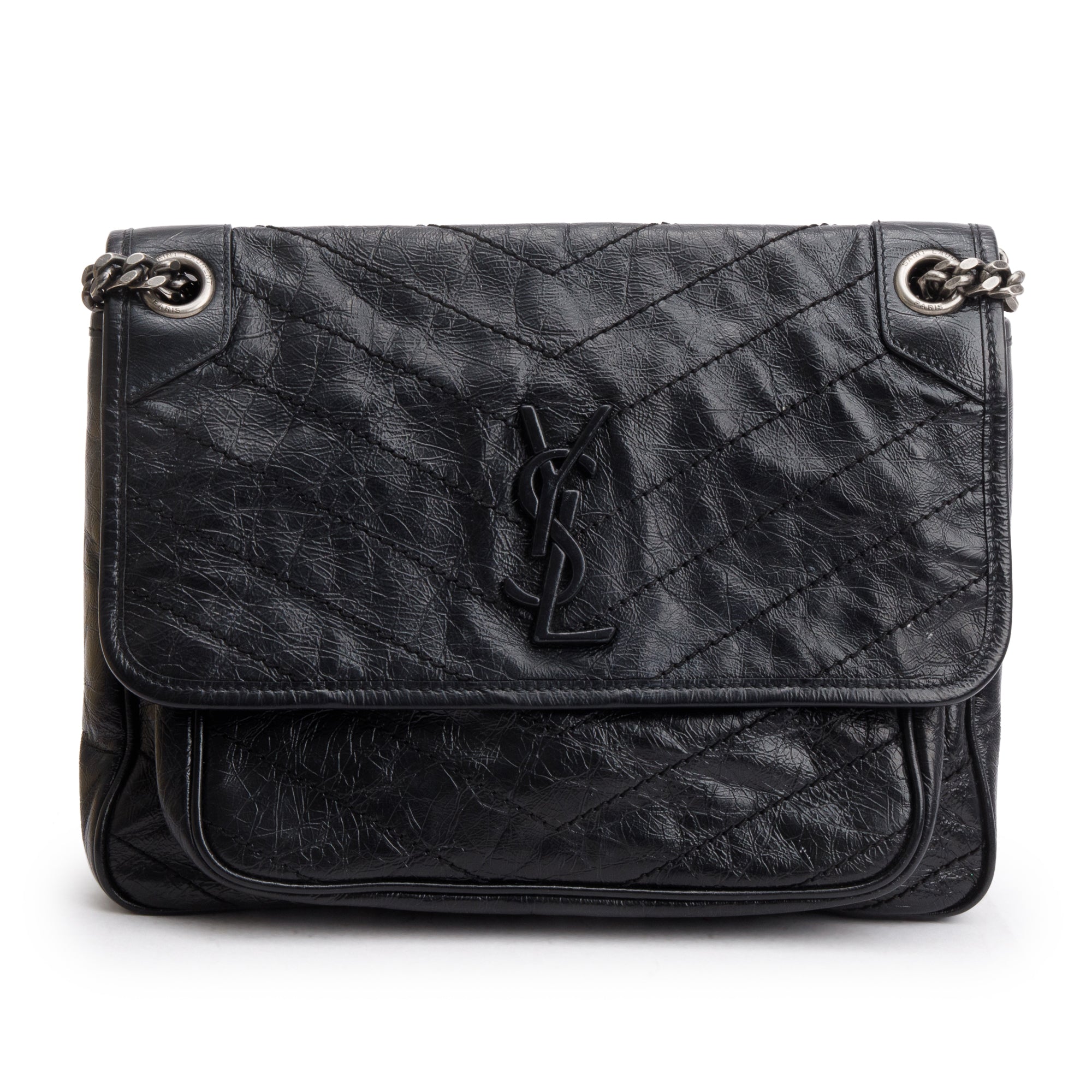 Saint Laurent 2020 Black Crinkled Calfskin Leather Medium Niki Shoulder Bag